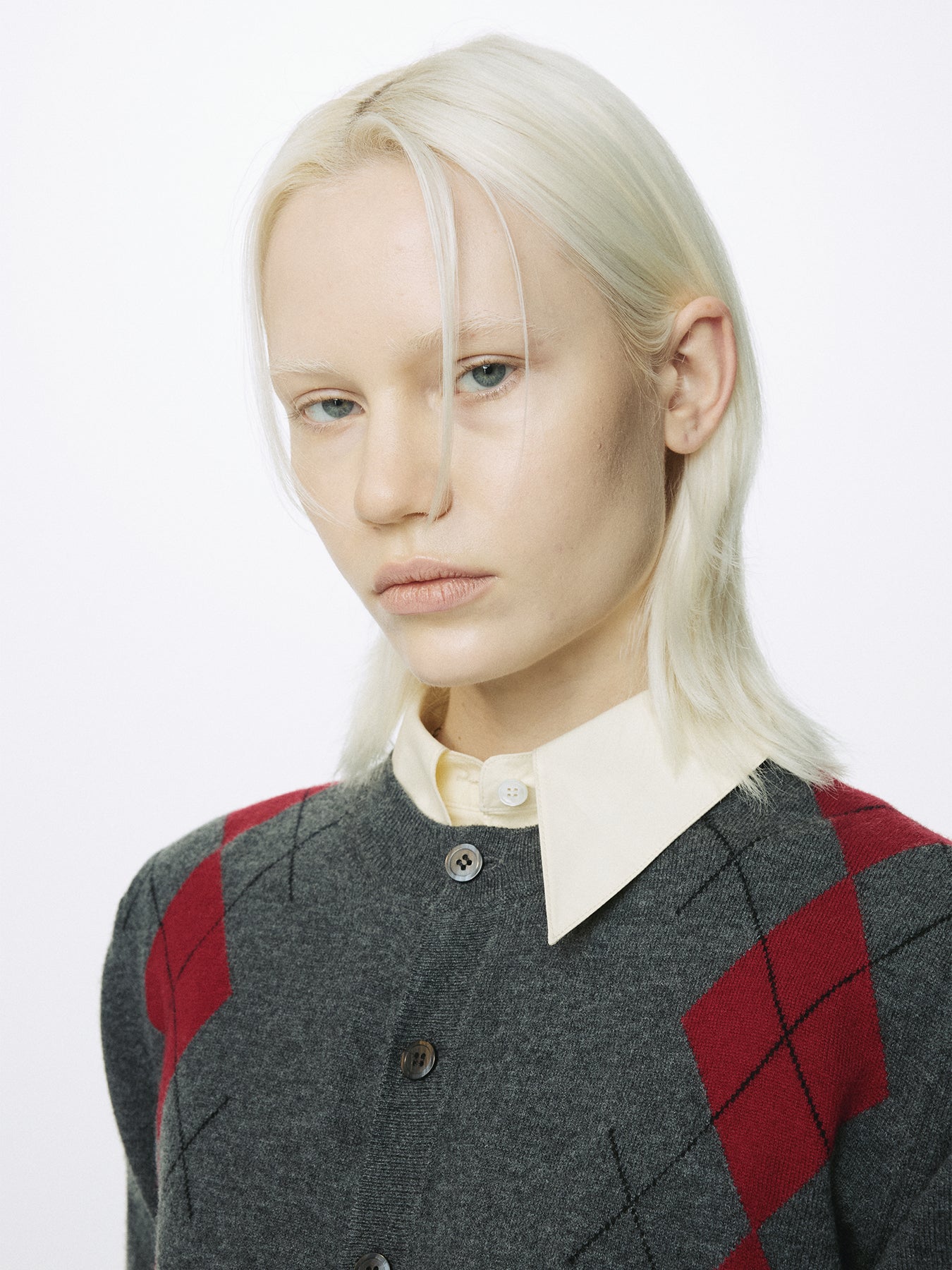(W) MERINO WOOL ARGYLE CARDIGAN_ GREY/RED