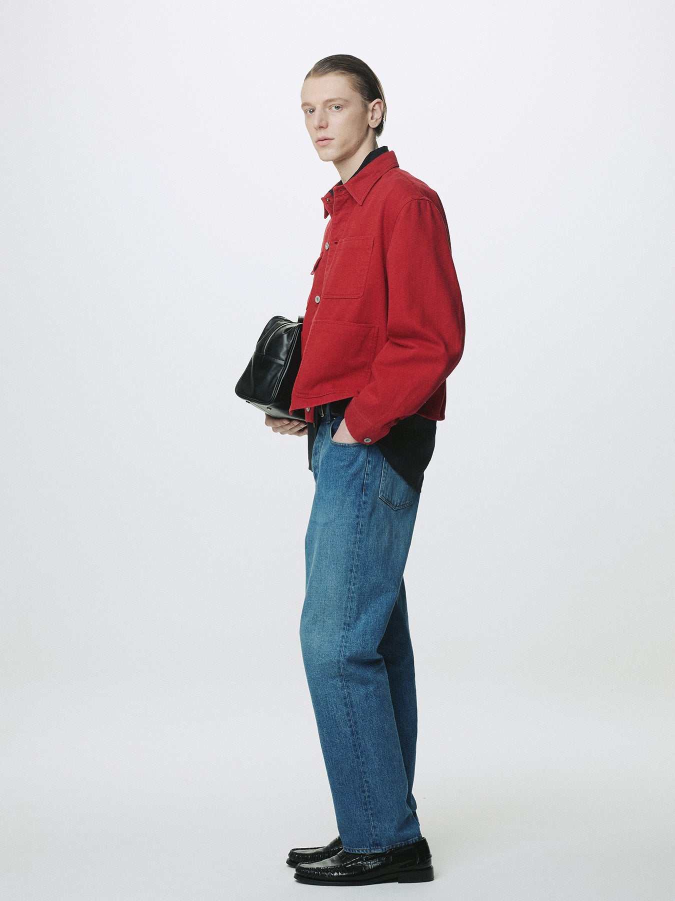 SLUB COTTON CROPPED WORK JACKET_ RED