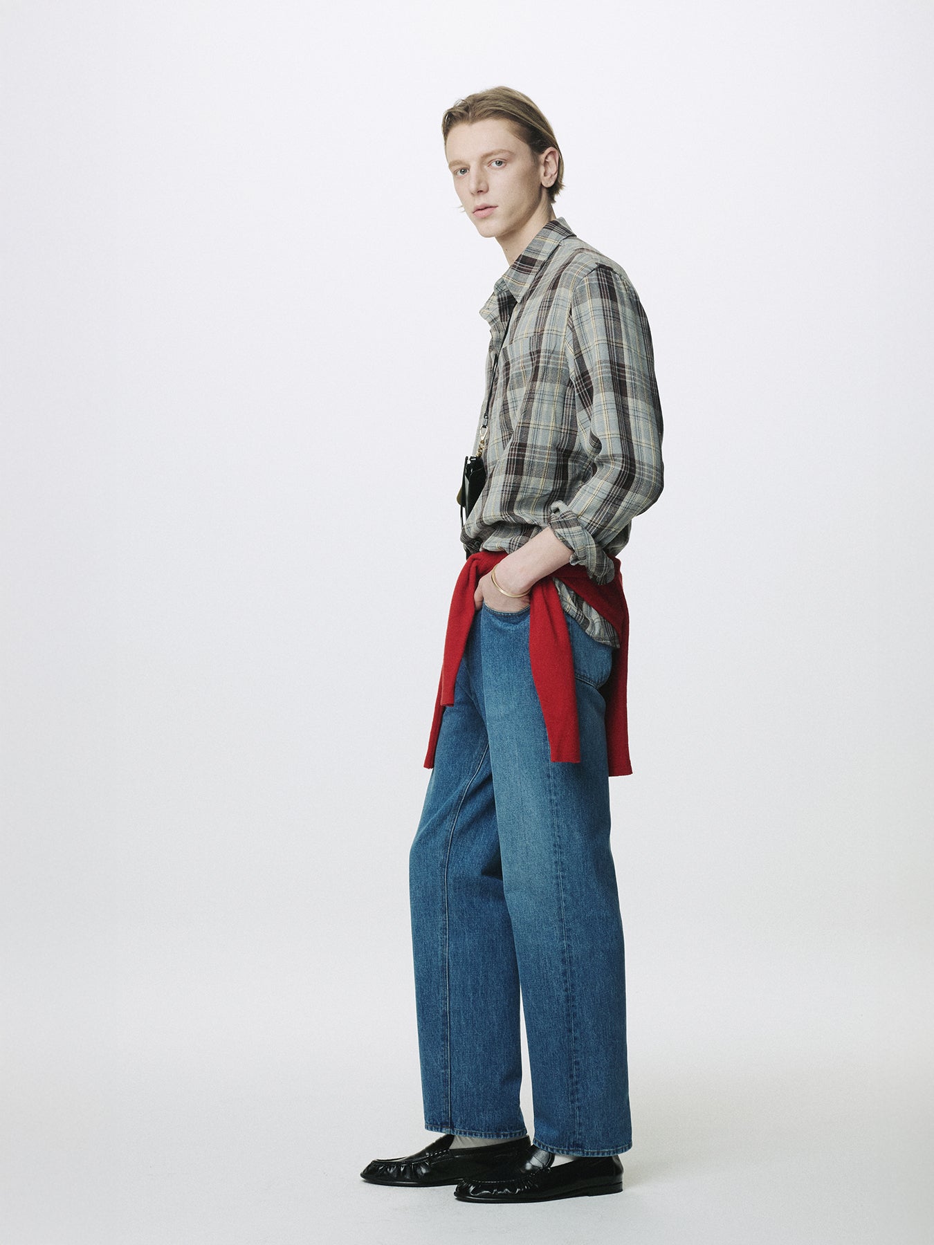 WASHED COTTON BLEND CHECK SHIRT_ GREY/BROWN