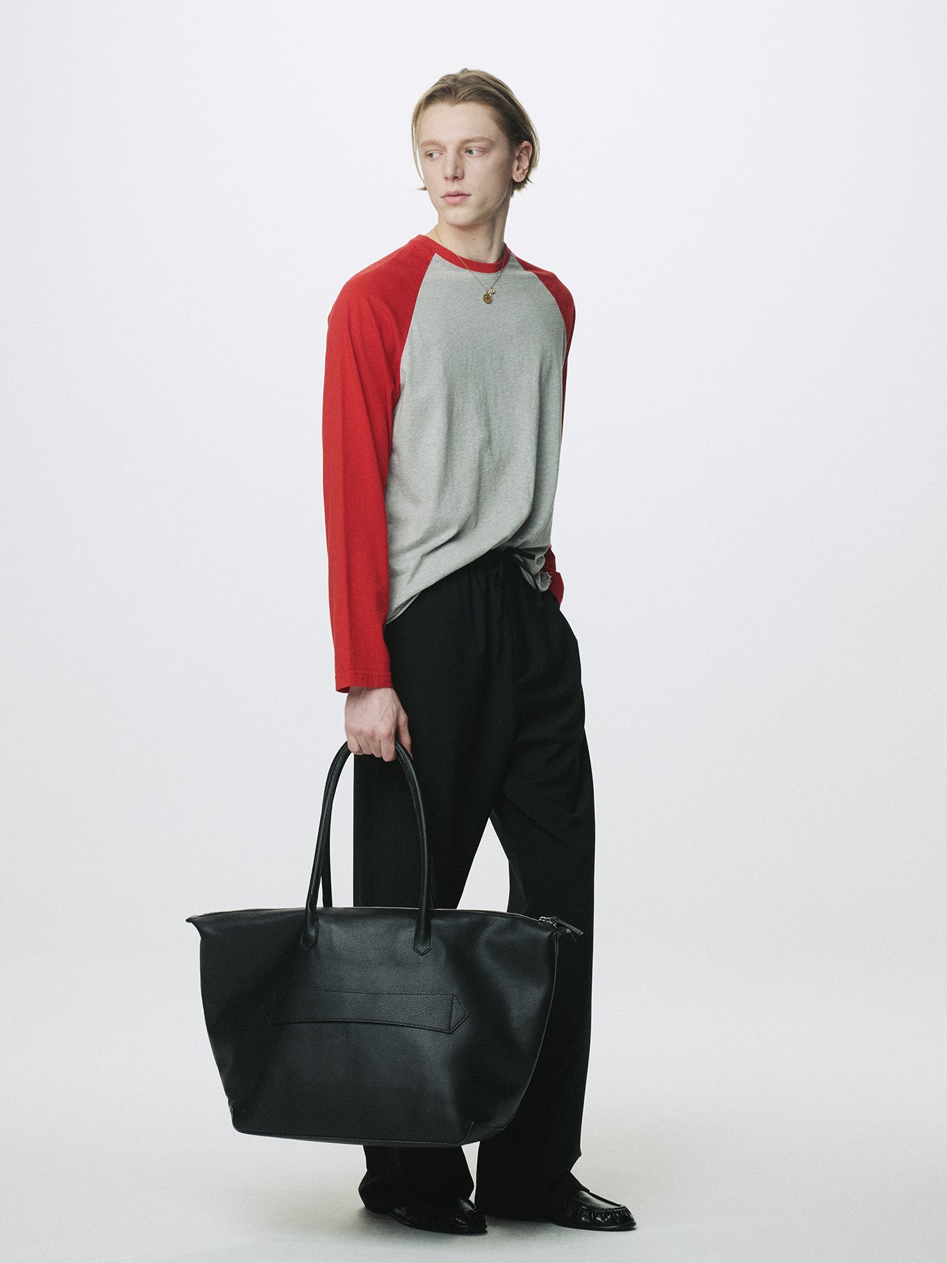 WASHED COTTON BASEBALL LONG SLEEVE_ MELANGE GREY/RED
