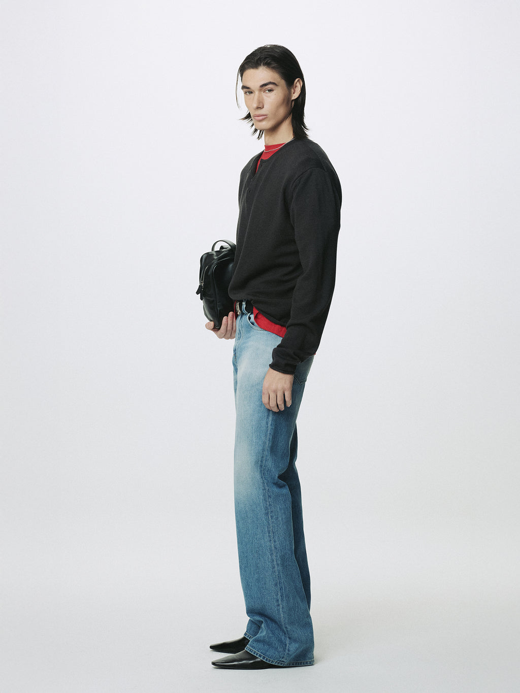 EXTRA FINE WOOL RAW HEM HENLEY NECK KNIT_ ANTHRACITE