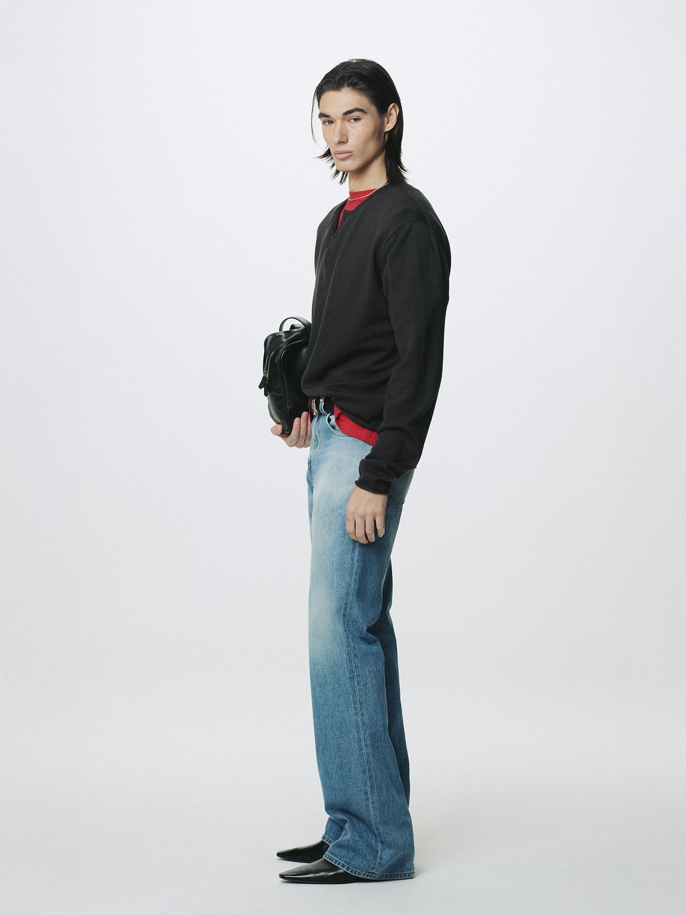 EXTRA FINE WOOL RAW HEM HENLEY NECK KNIT_ ANTHRACITE