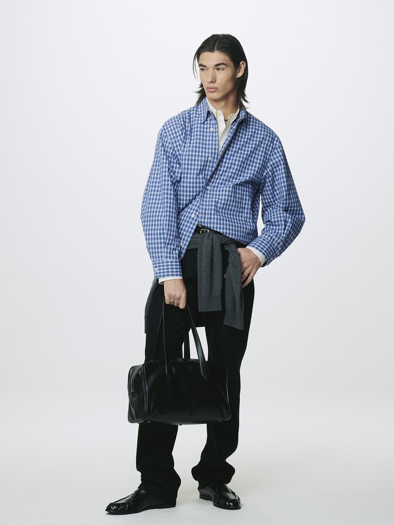 CHECKED COTTON BUTTON-DOWN BLOUSON_ BLUE