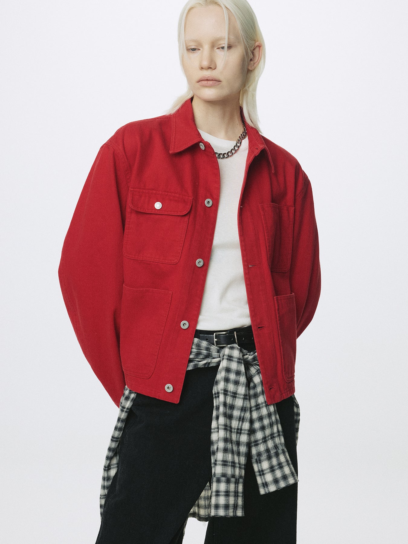 (W) SLUB COTTON CROPPED WORK JACKET_ RED