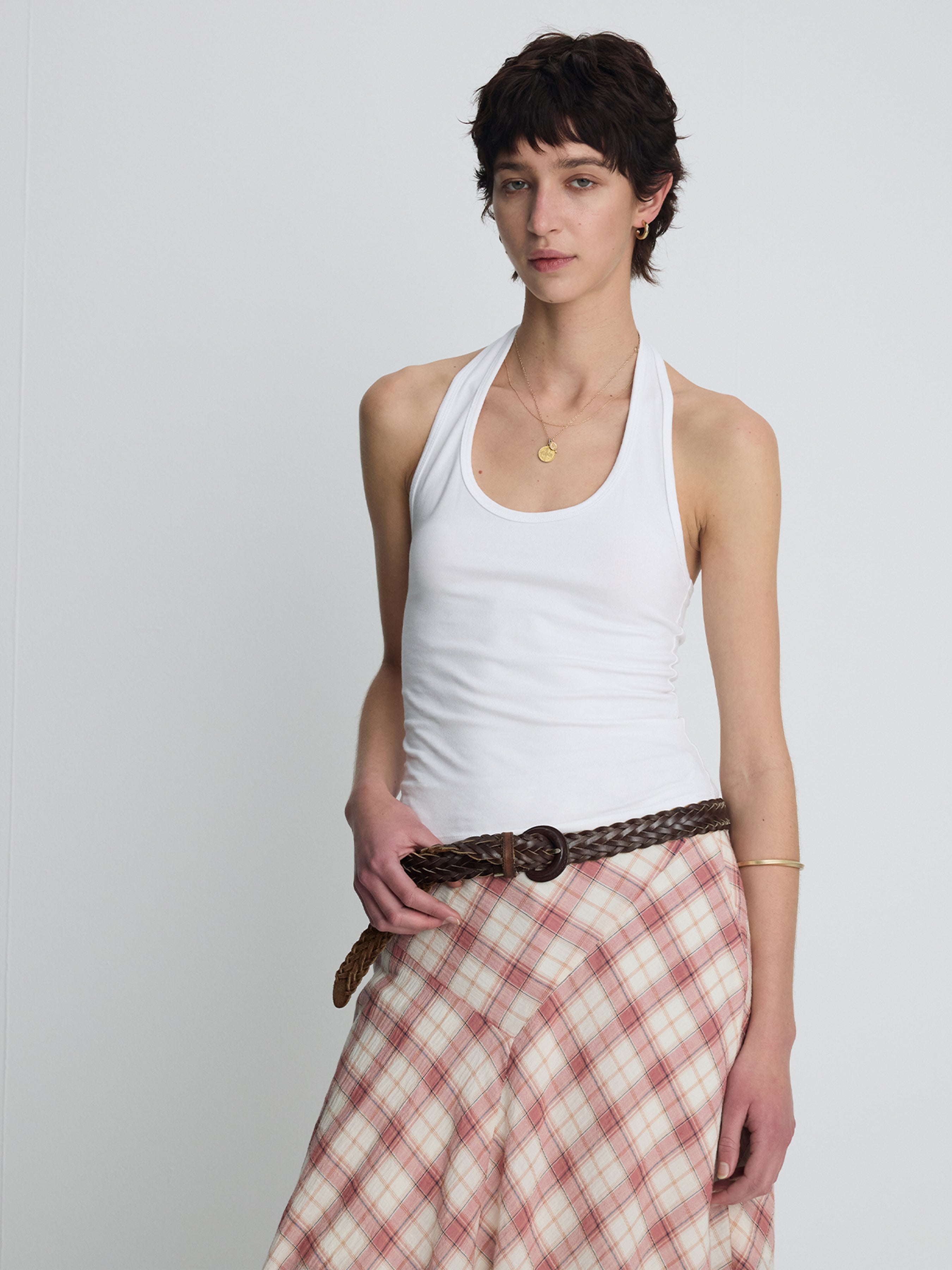 (W) COTTON CHECK PATCHWORK SKIRT_ PINK CHECK