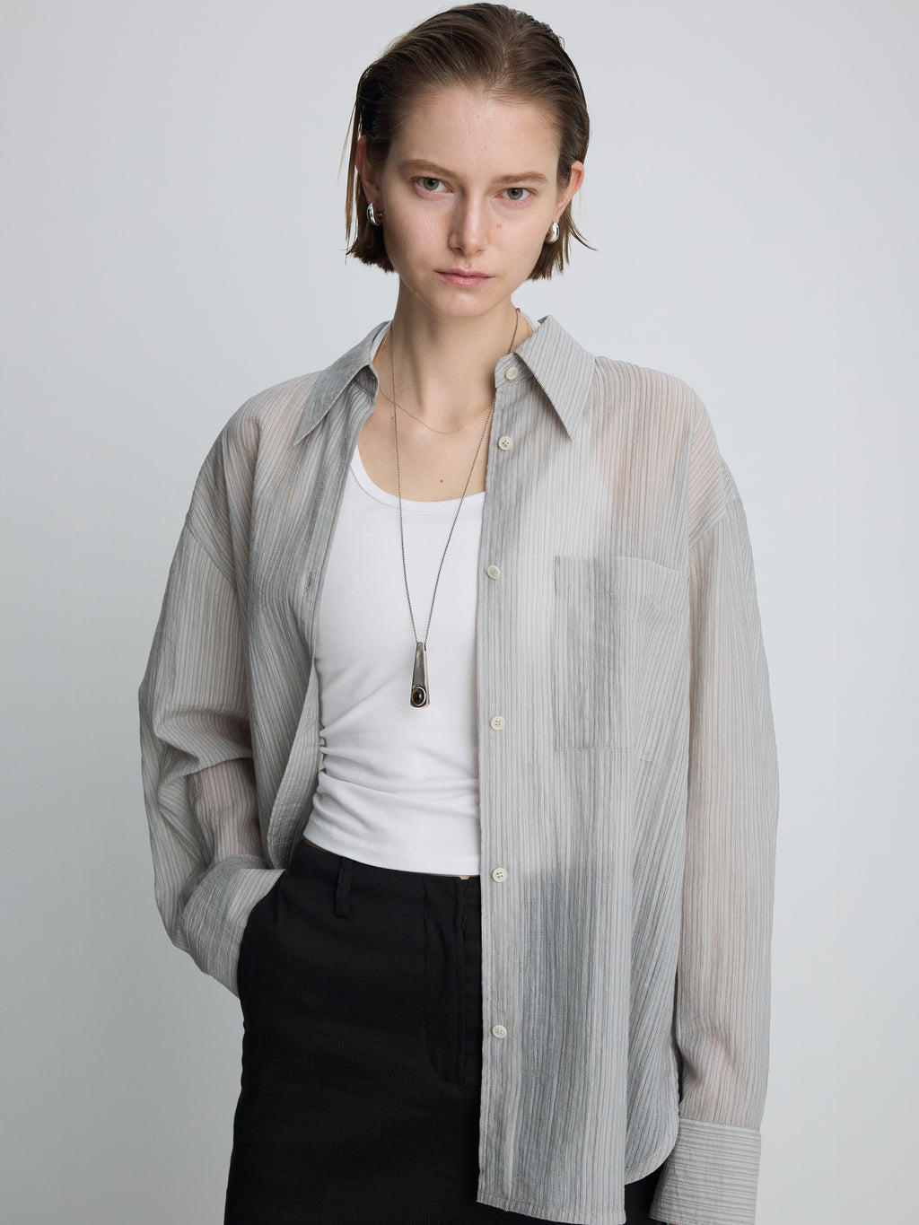 (W) LYOCELL OVERSIZED STRIPE SHIRT_ GREY