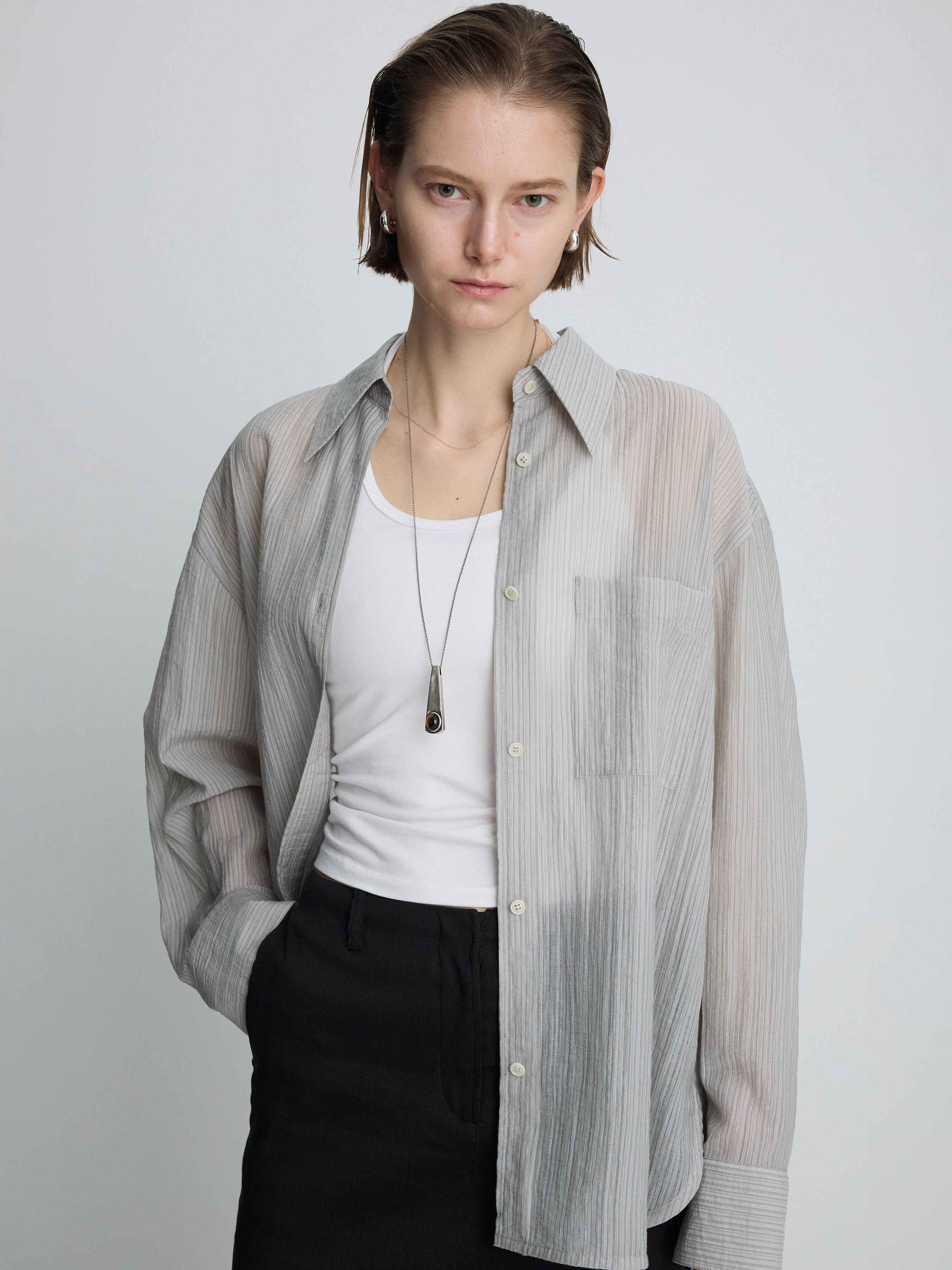 (W) LYOCELL OVERSIZED STRIPE SHIRT_ GREY