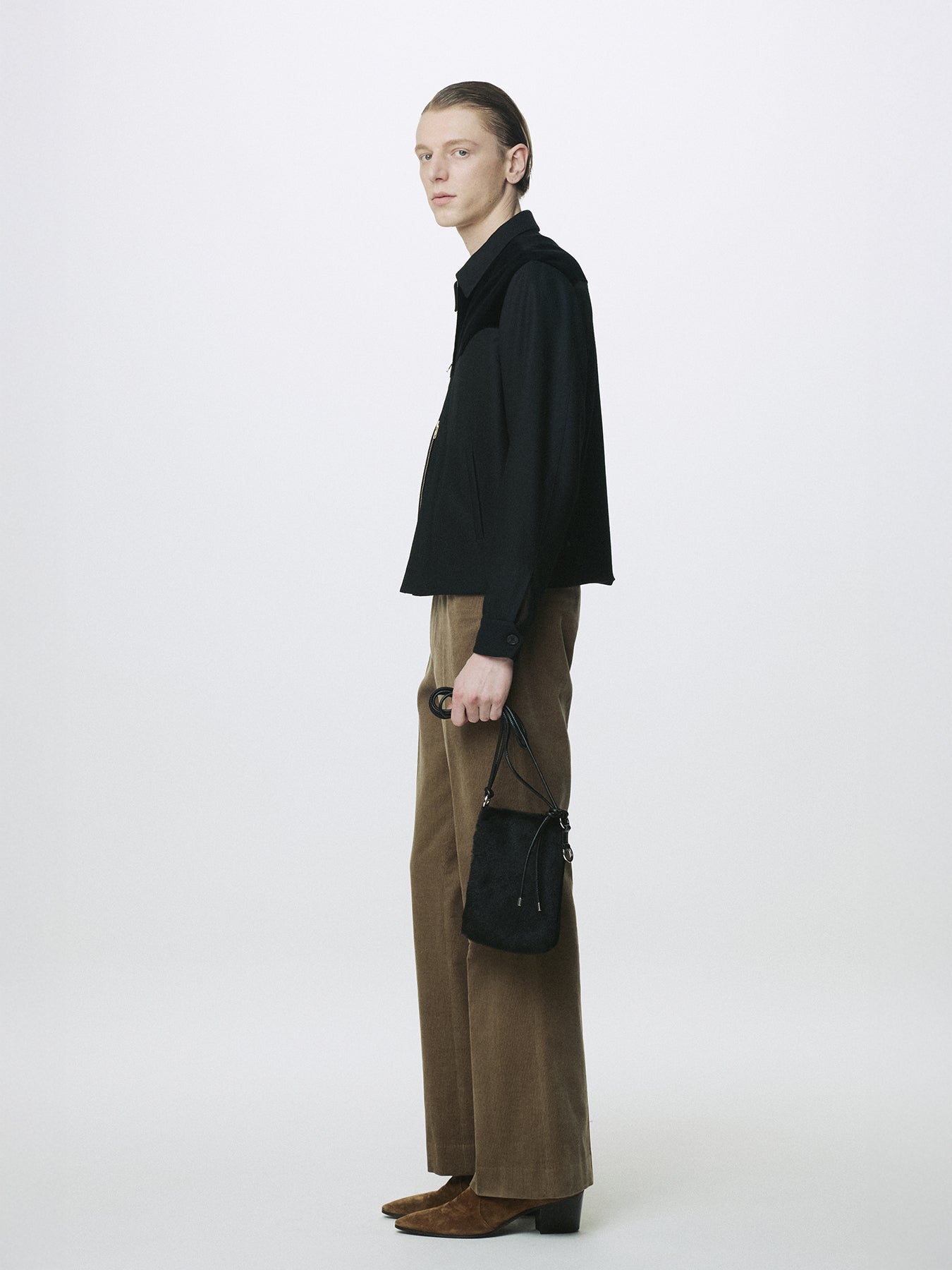 WOOL VELVET TRIMMED BLOUSON JACKET_ BLACK
