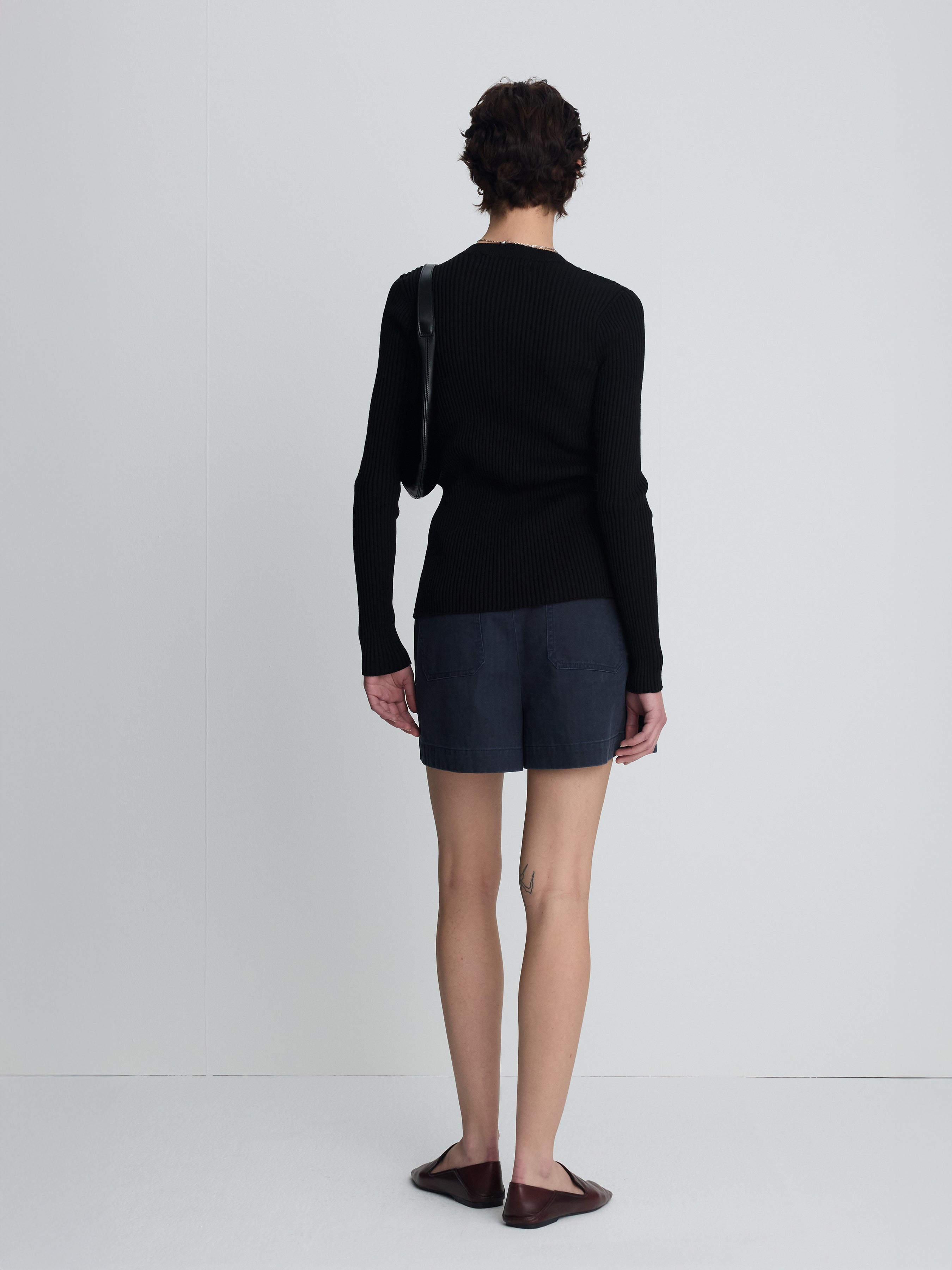(W) SILK COTTON RIBBED BUTTON CARDIGAN_ BLACK