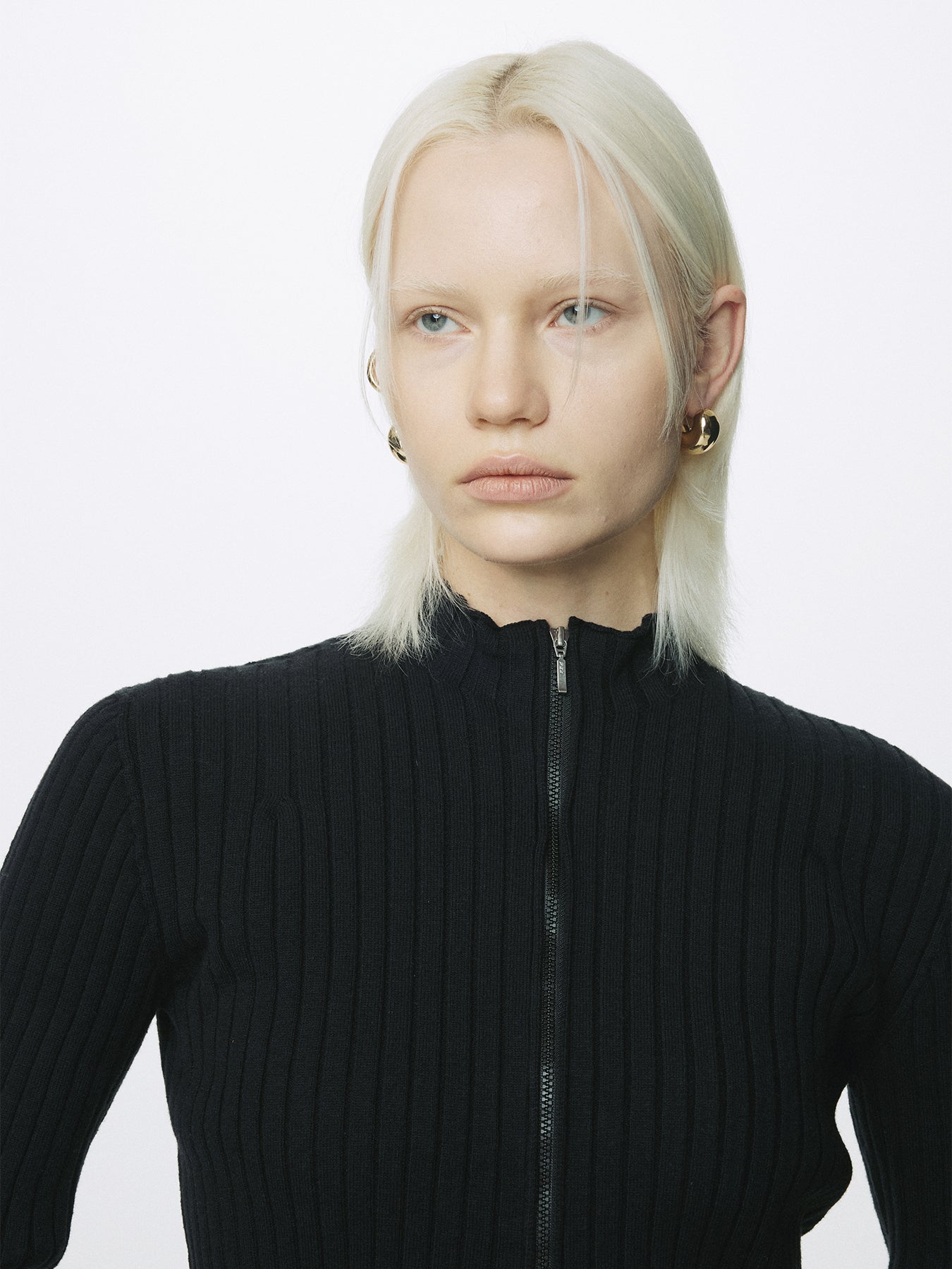 (W) COTTON RIBBED FULL ZIP-UP_ BLACK