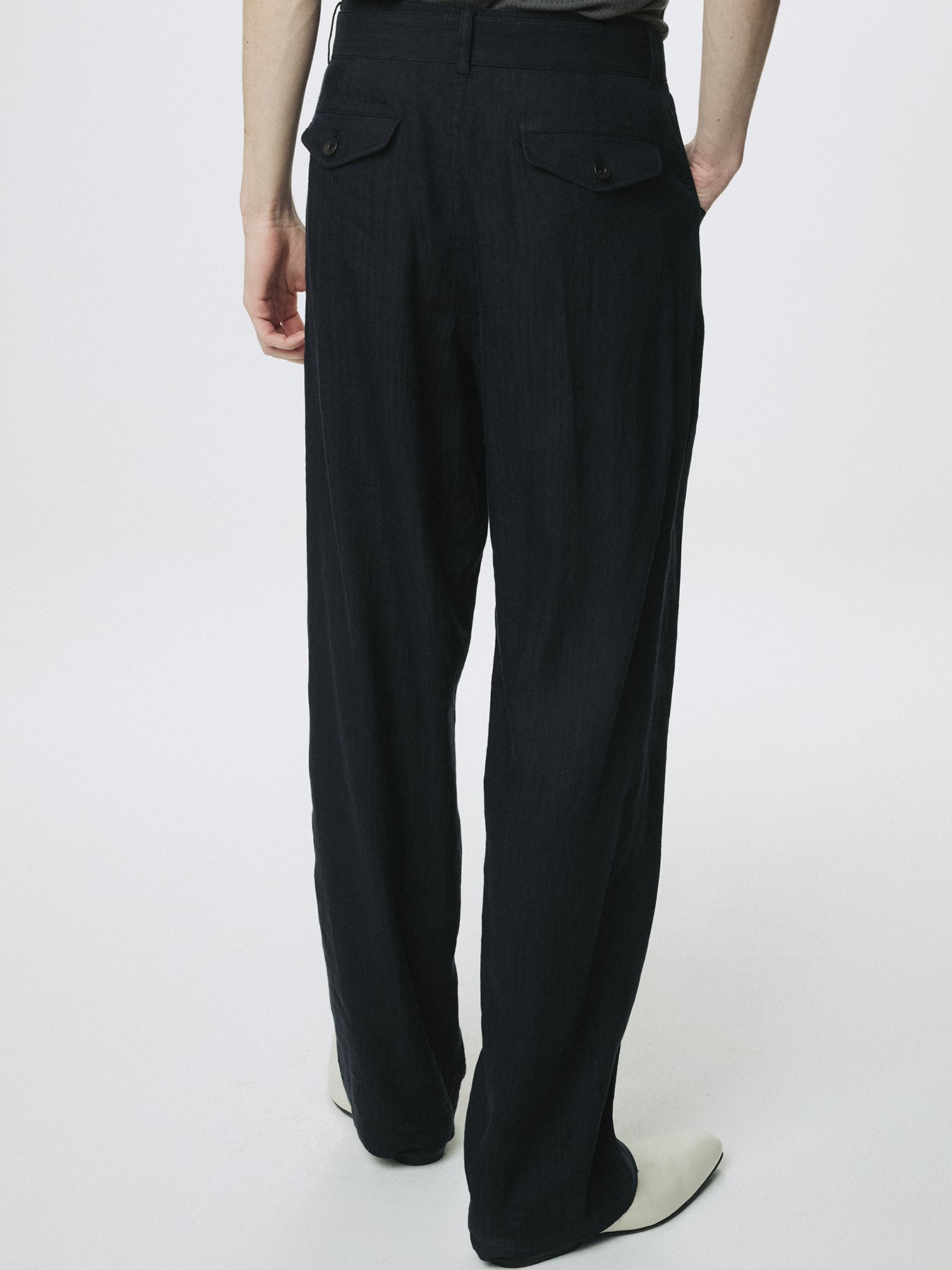 WASHED LINEN BELTED PANTS (ITALIAN FABRIC)_ DARK NAVY