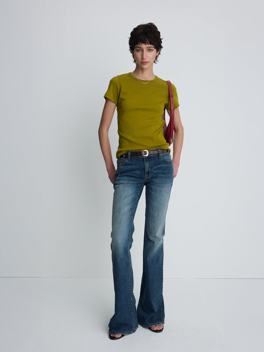 (W) RIBBED HALF SLEEVE T-SHIRTS_ OLIVE