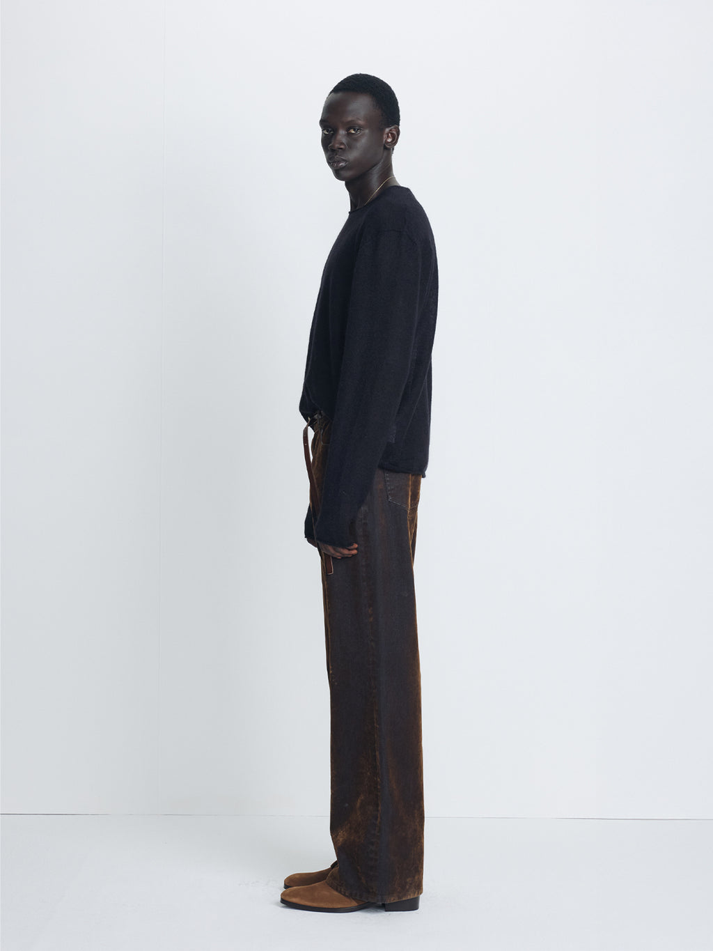 FLOCKED DENIM LOOSE FLARED PANTS_ BROWN