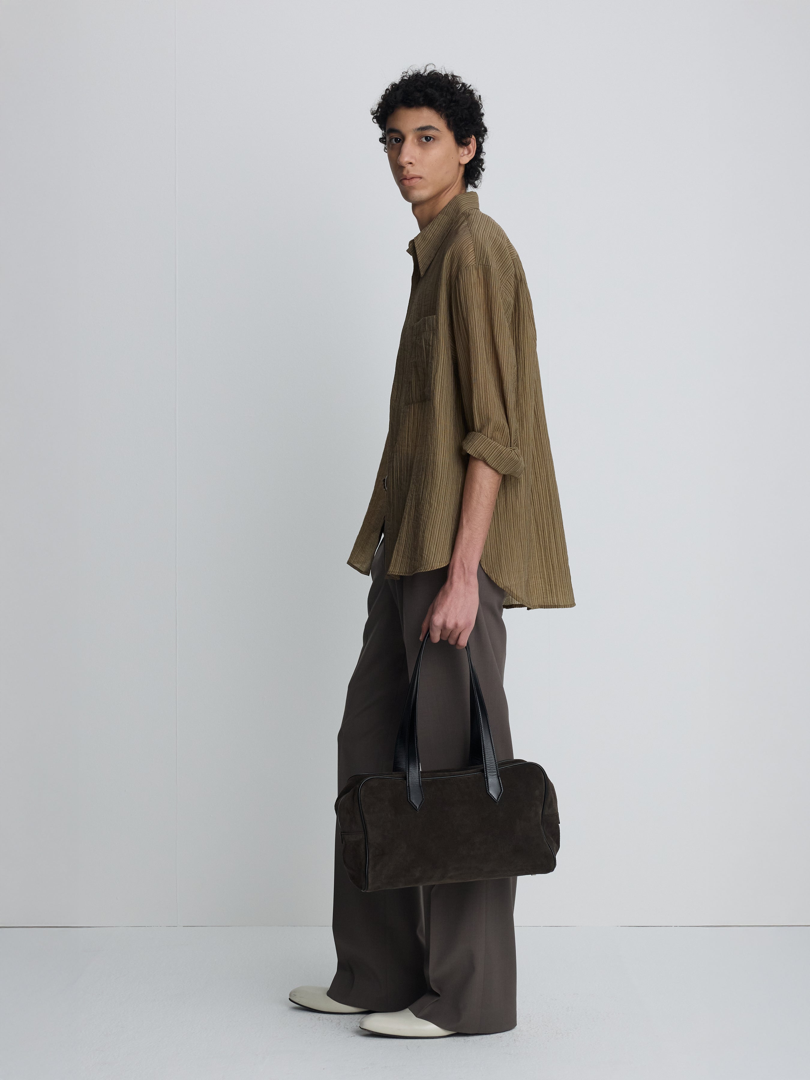 LYOCELL OVERSIZED STRIPE SHIRT_ OLIVE STRIPE