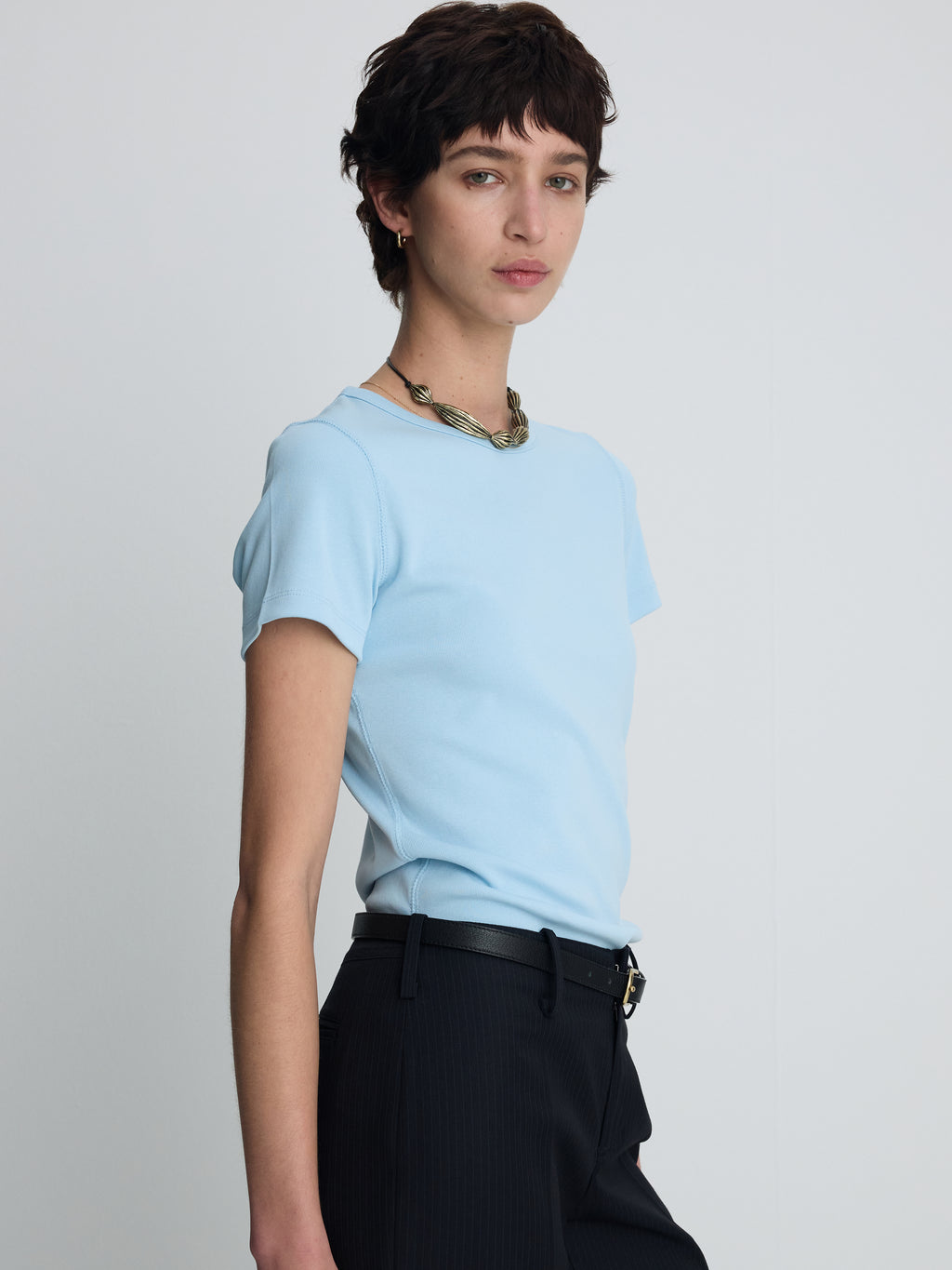 (W) RIBBED HALF SLEEVE T-SHIRTS_ LIGHT BLUE