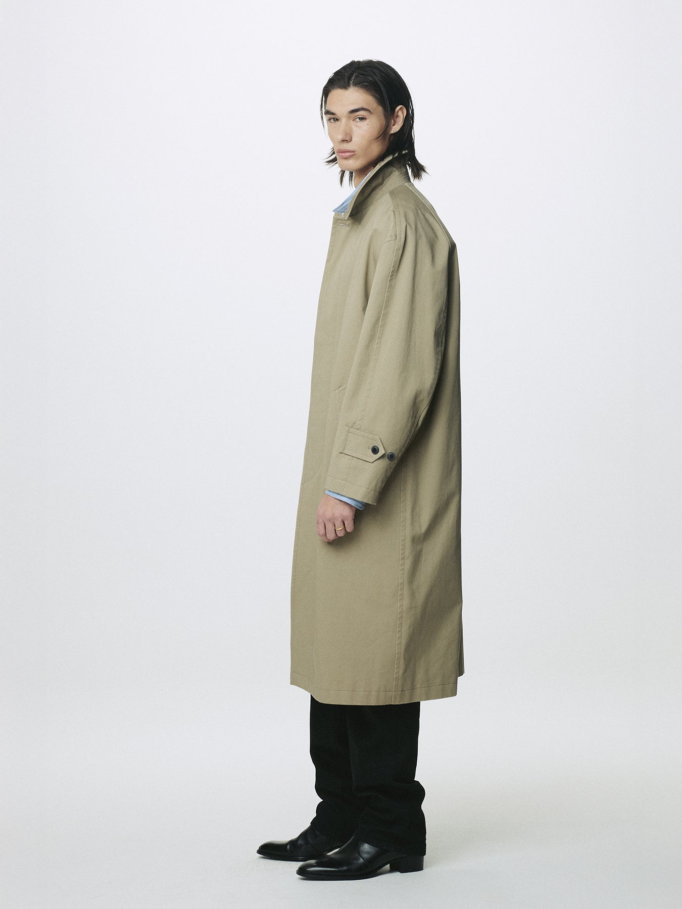 COTTON DRILL SINGLE-BREASTED OVERCOAT_ BEIGE