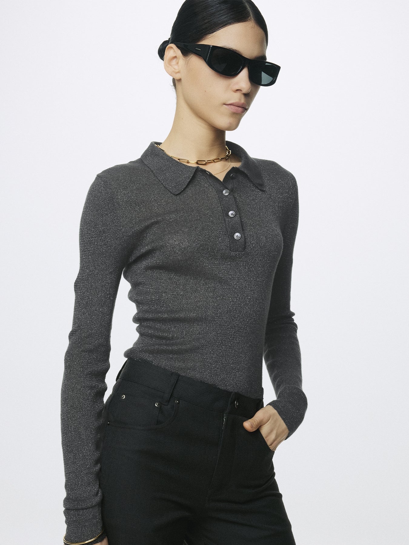 (W) GLITTER RIBBED KNIT POLO SHIRT_ CHARCOAL