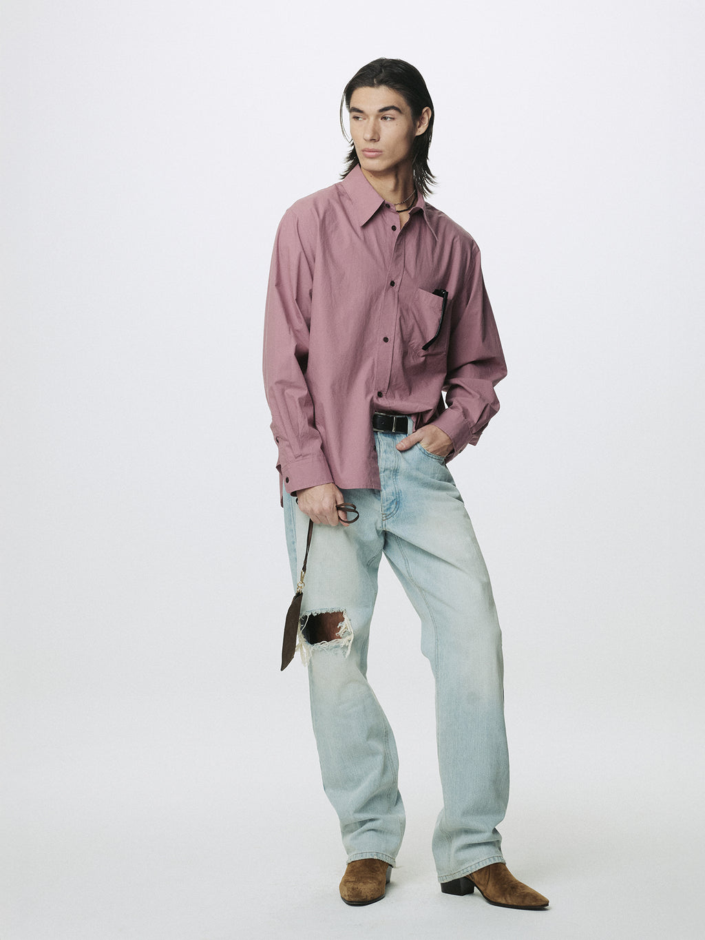 DISTRESSED LOOSE STRAIGHT DENIM JEANS_ LIGHT BLUE