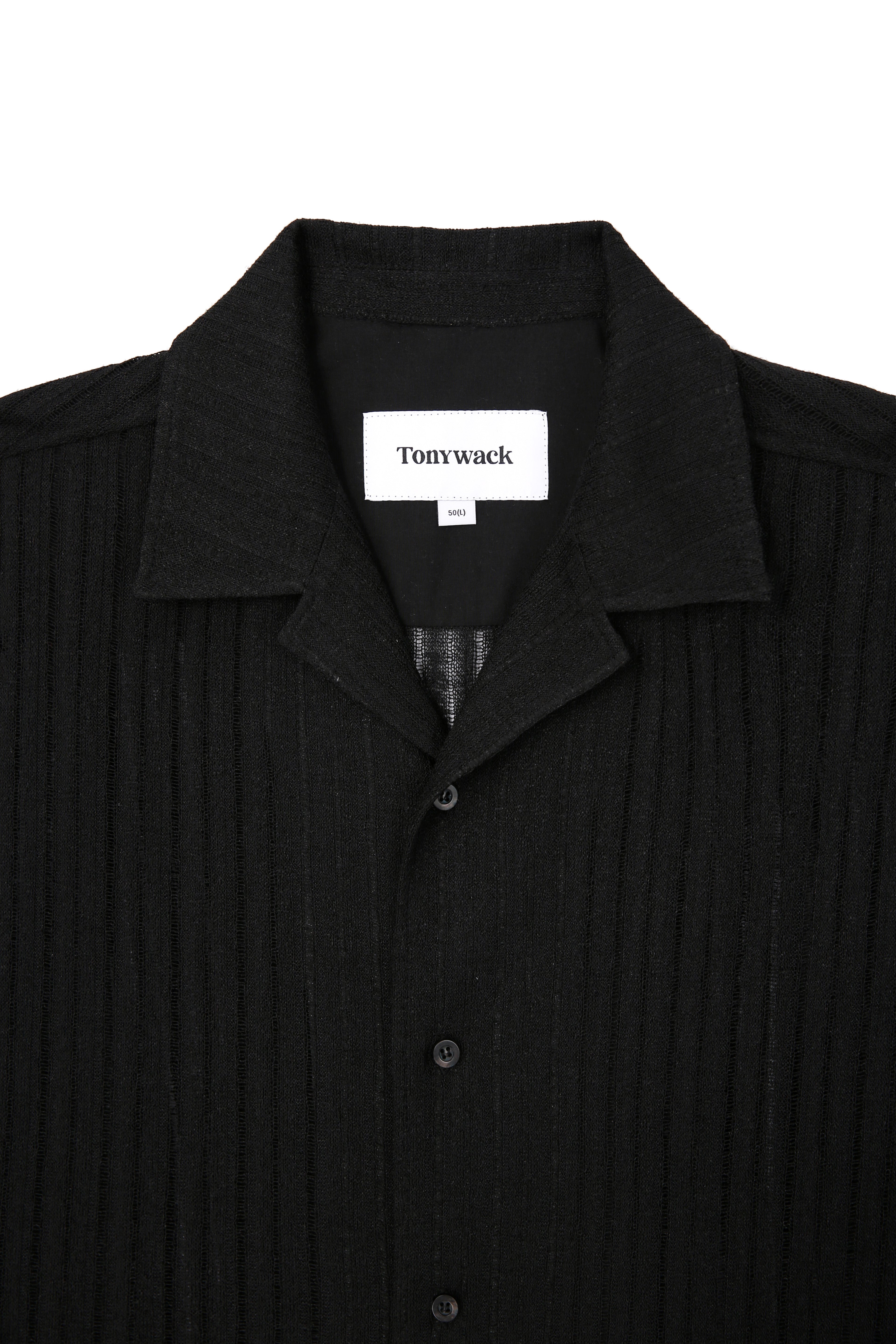 Crochet Camp Collar Half Sleeve Shirt_ Black