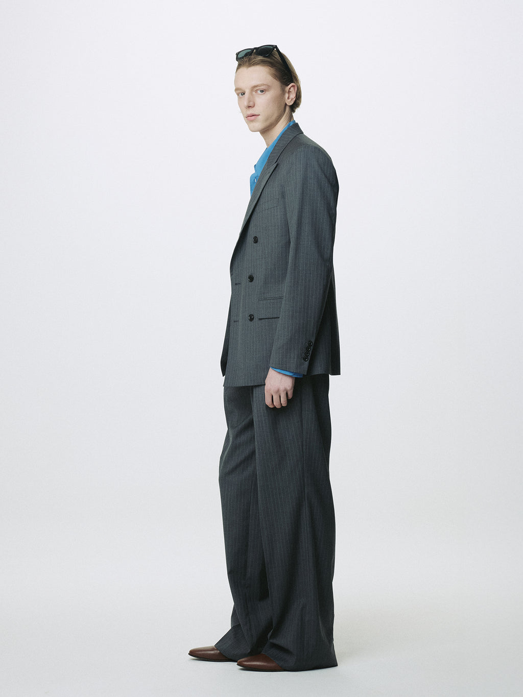 STRIPED WOOL DOUBLE-BREASTED TAILORED JACKET_ GREY STRIPE