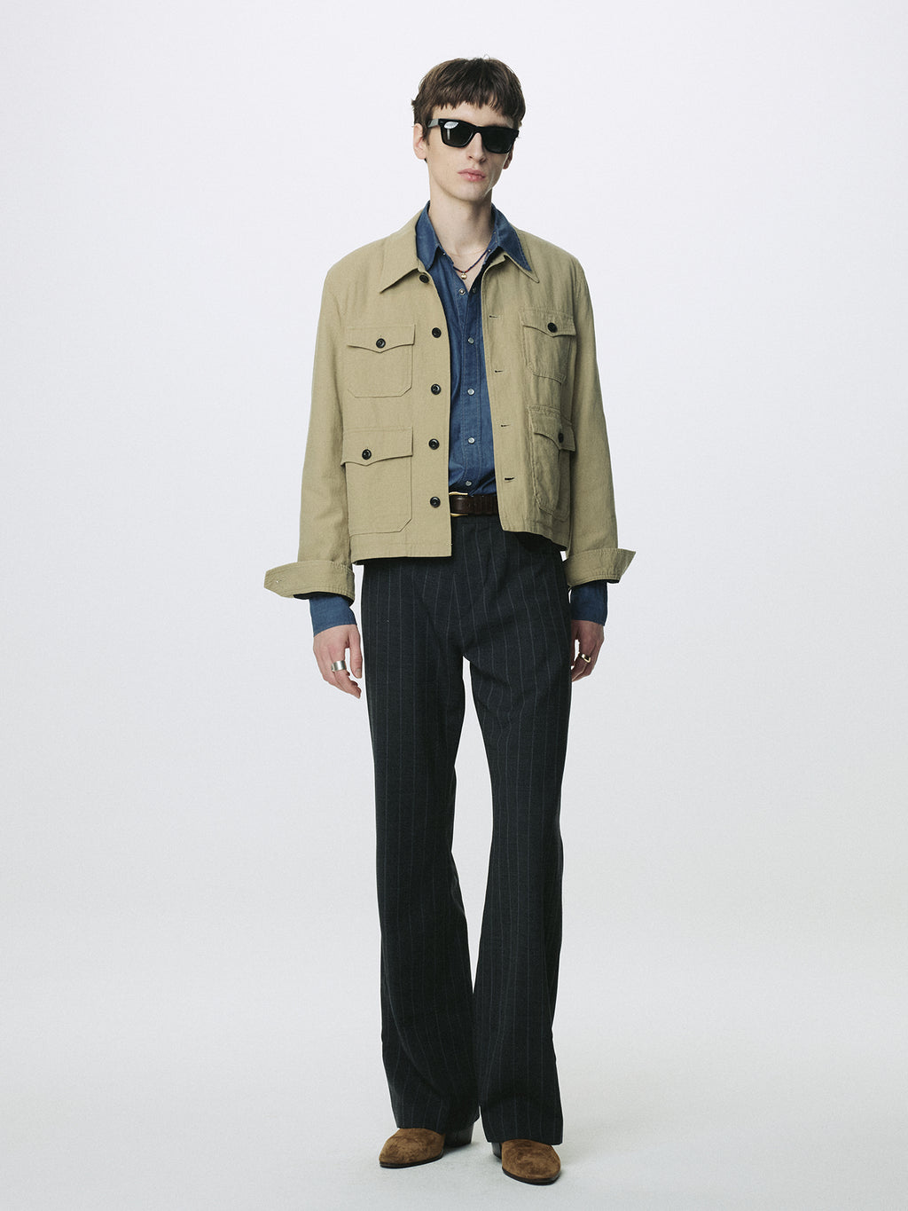 STRIPED WOOL FLARED-LEG PANTS_ GREY