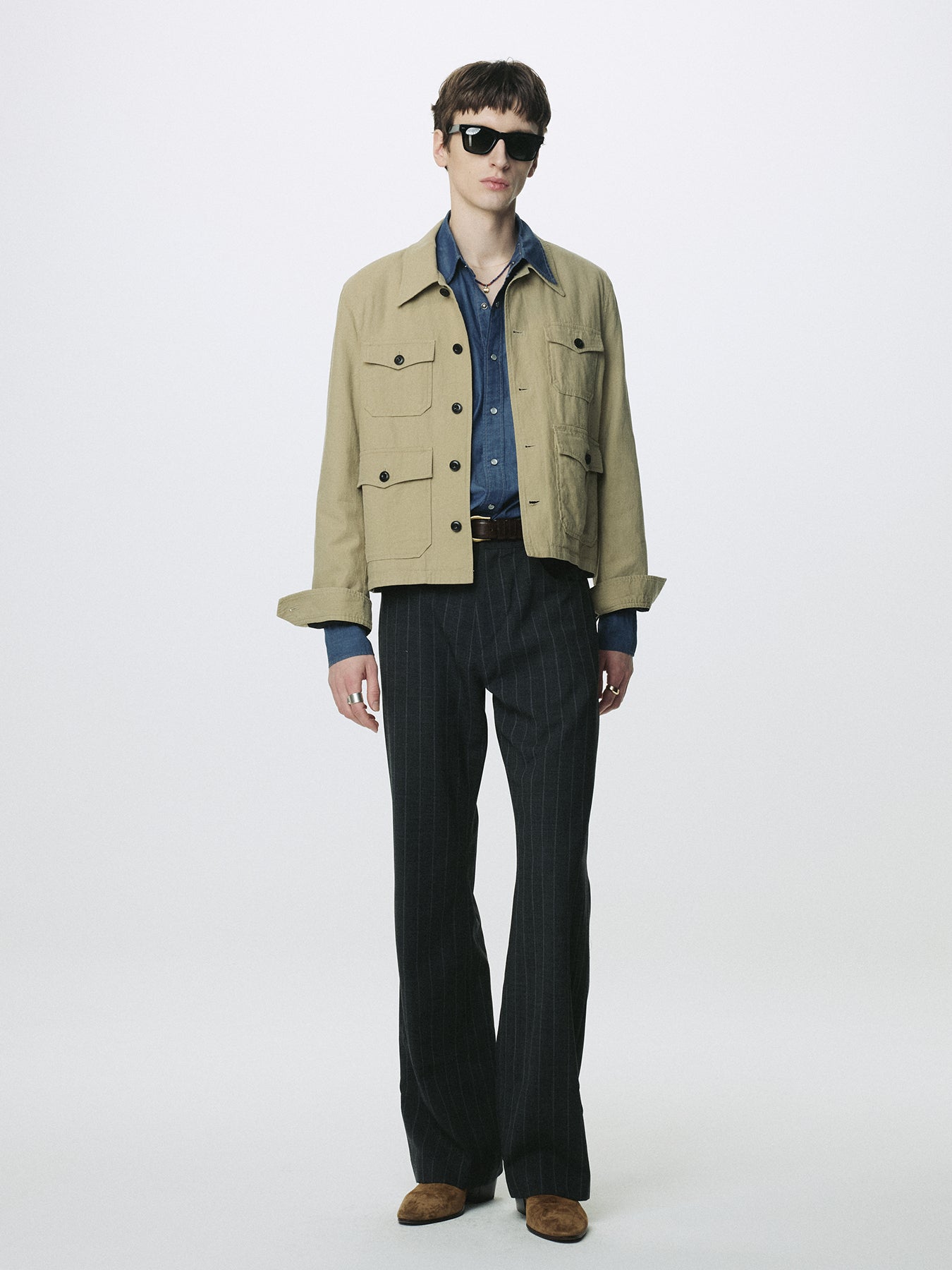 STRIPED WOOL FLARED-LEG PANTS_ GREY