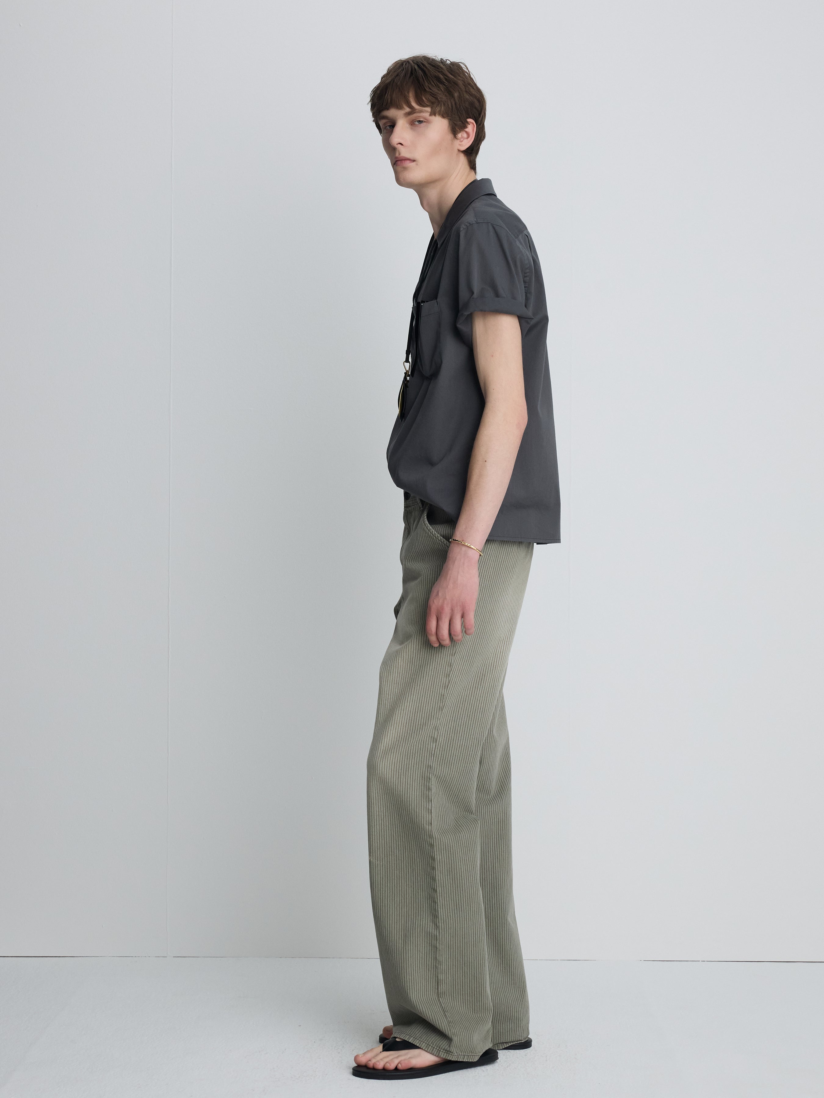 GARMENT DYED STRIPE COTTON FLARE PANTS_ STONE GREY