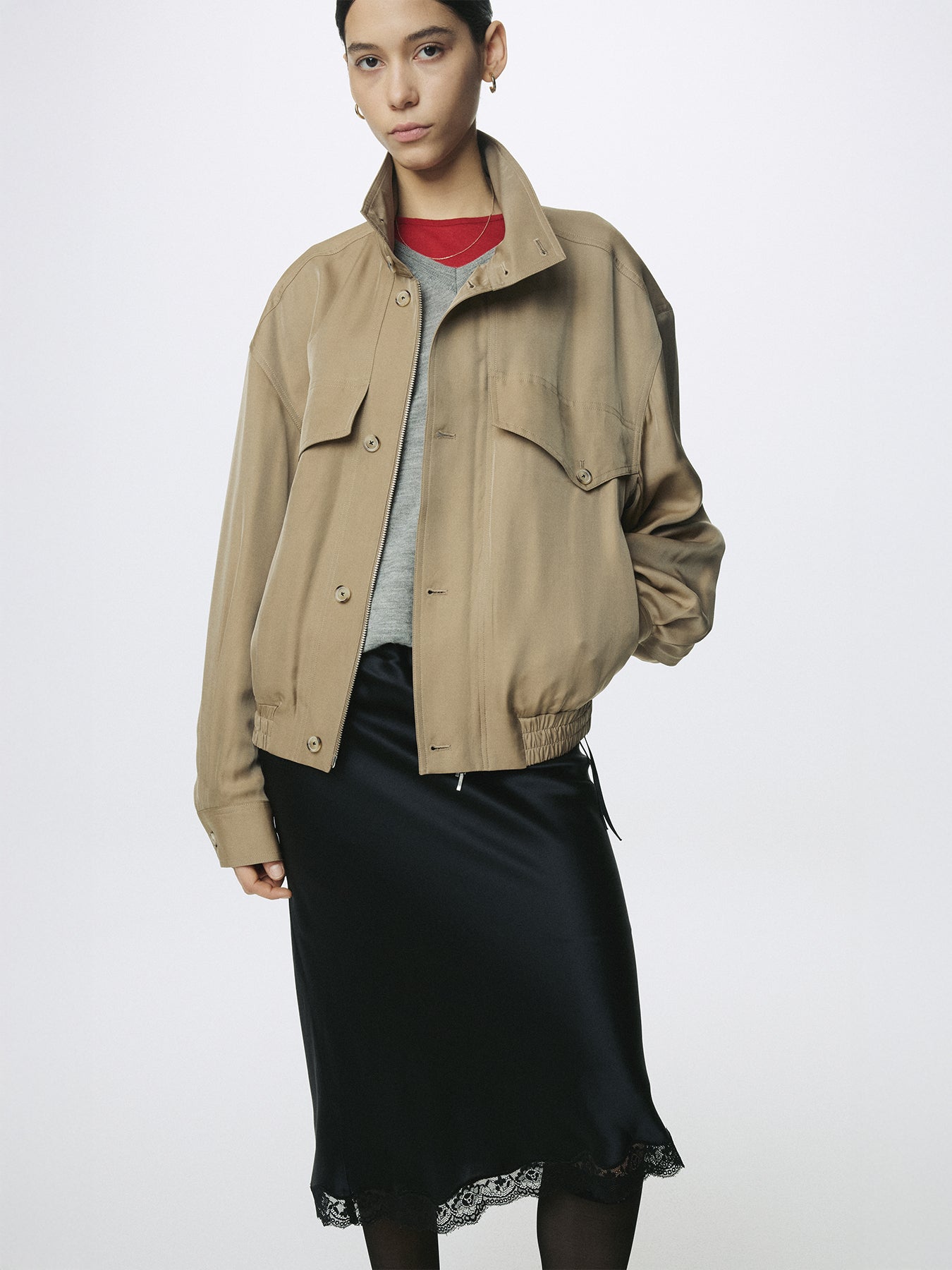 (W) SILK MIDI SKIRT_ BLACK