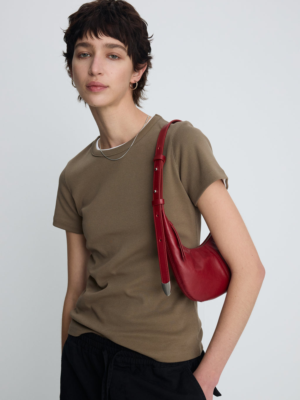 (W) RIBBED HALF SLEEVE T-SHIRTS_ TAUPE