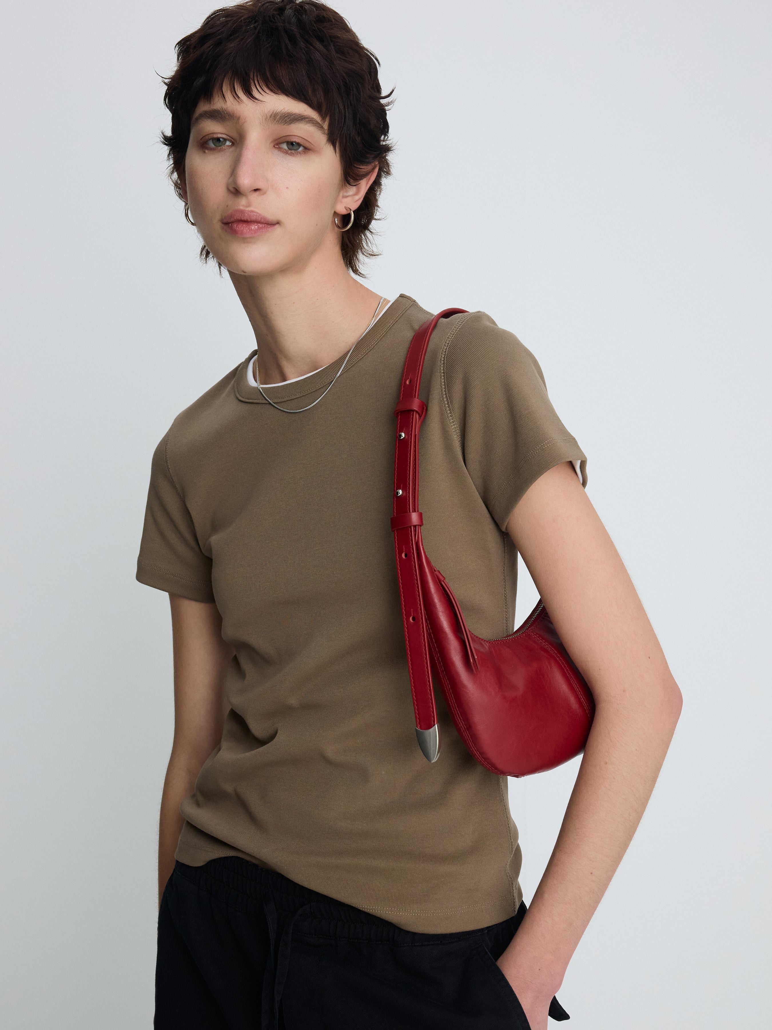 (W) RIBBED HALF SLEEVE T-SHIRTS_ TAUPE