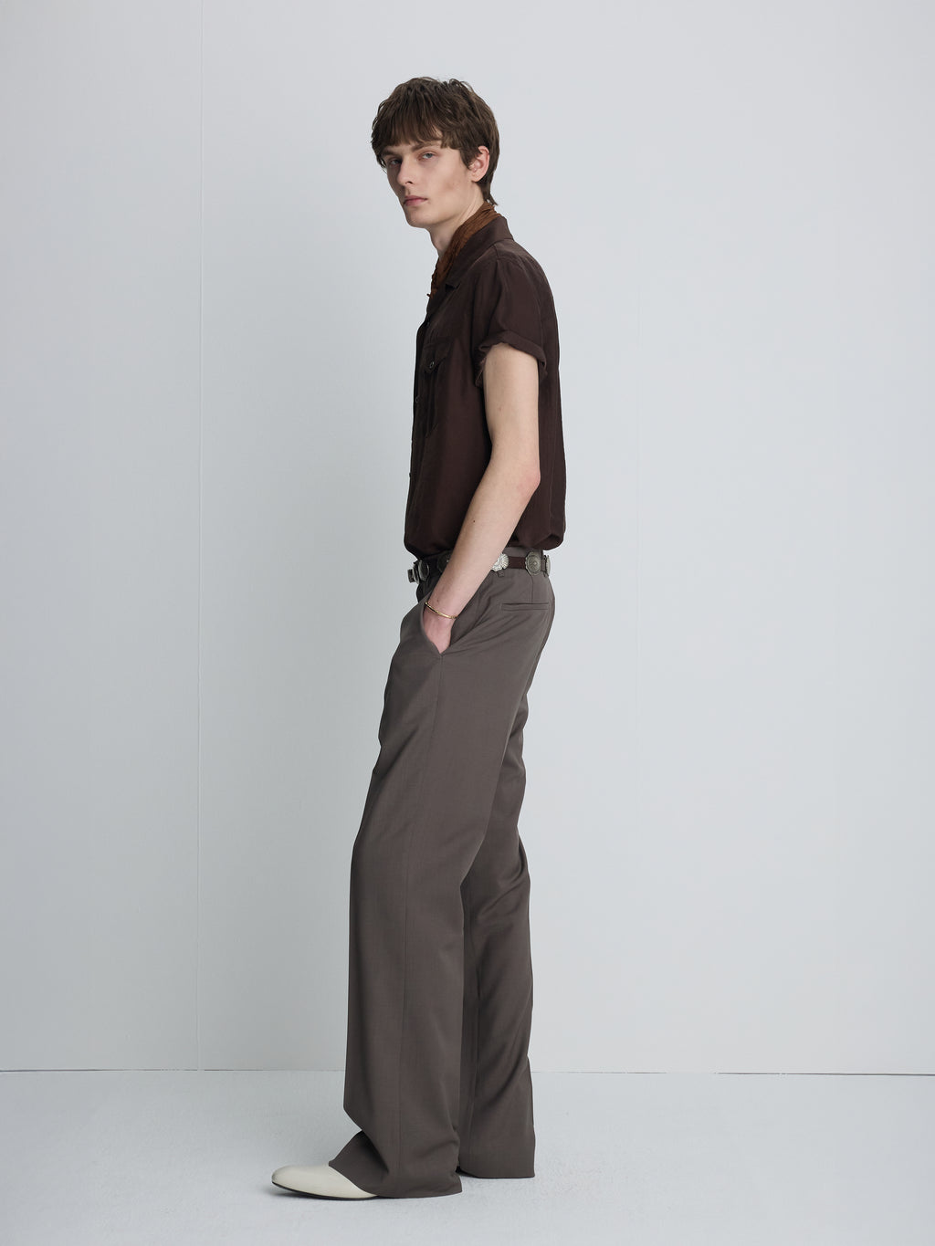 WASHED RAYON PEARL SNAP SHIRT_ BROWN