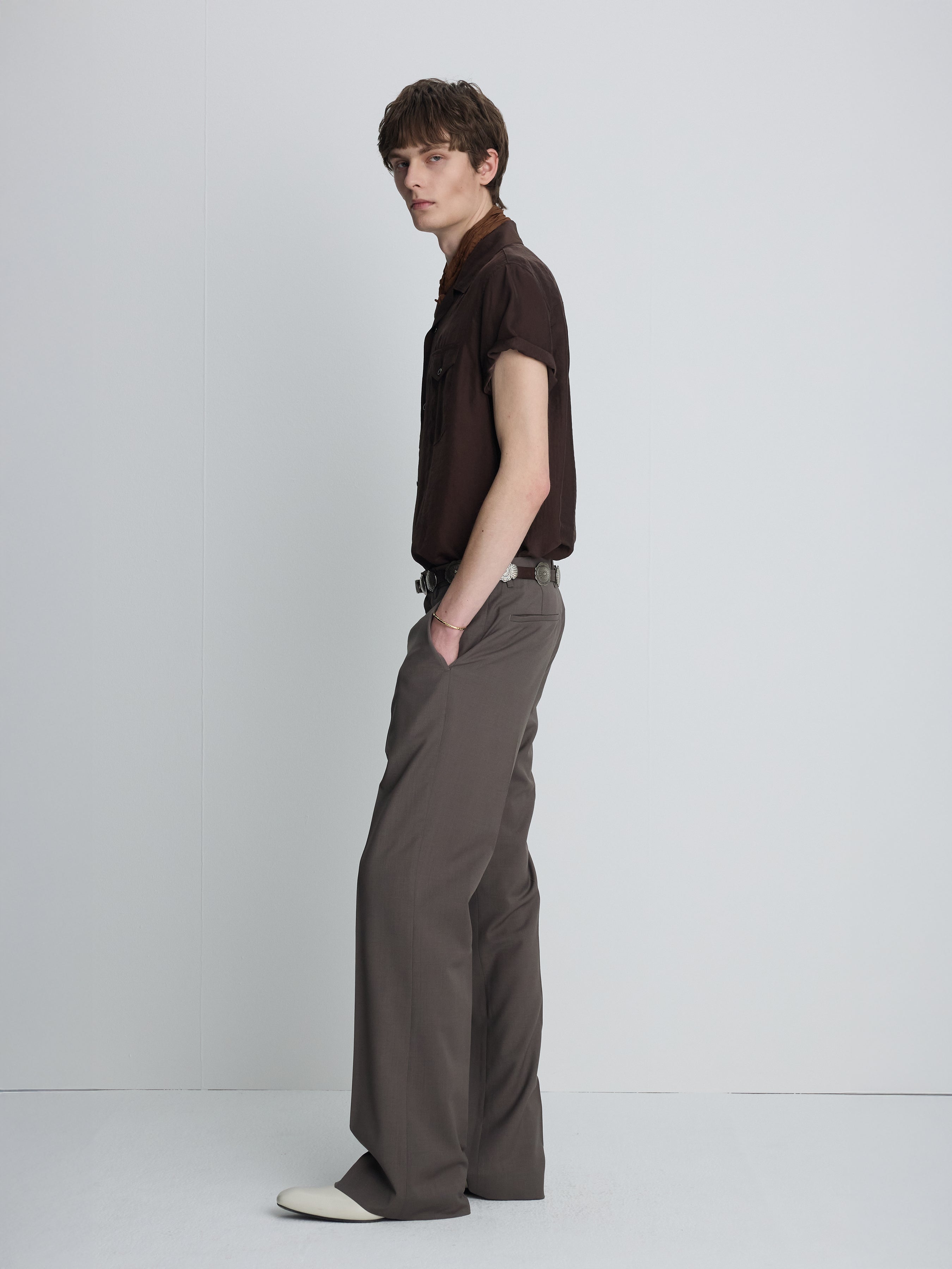 WASHED RAYON PEARL SNAP SHIRT_ BROWN