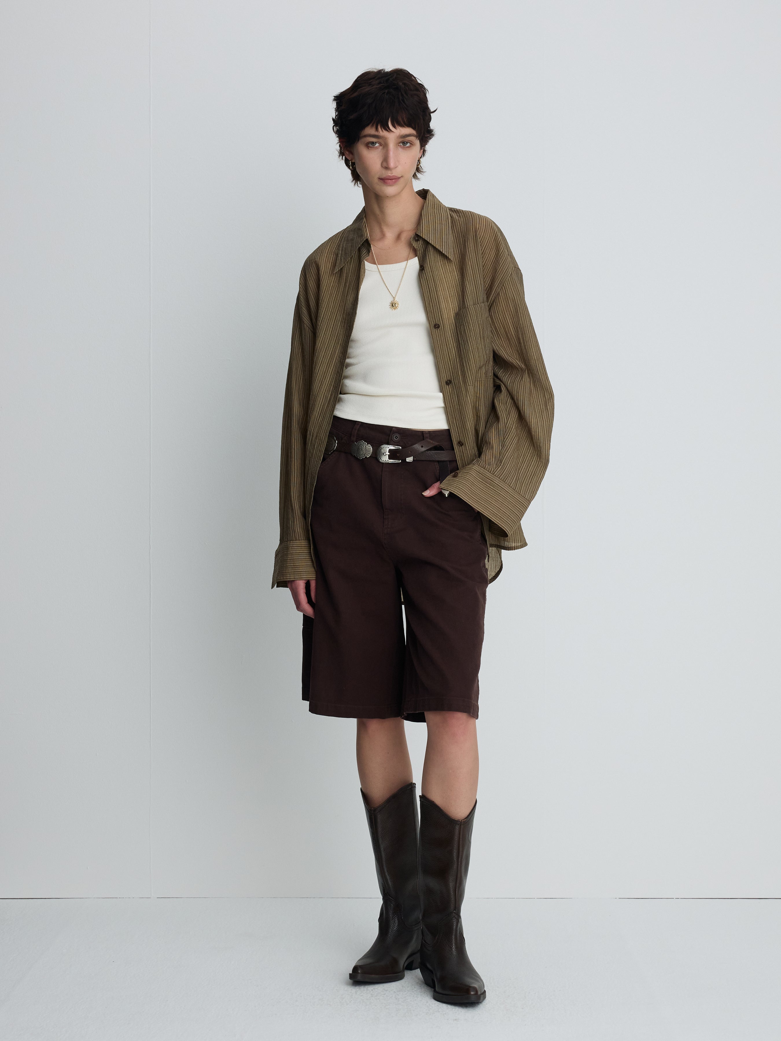 (W) LYOCELL OVERSIZED STRIPE SHIRT_ OLIVE STRIPE