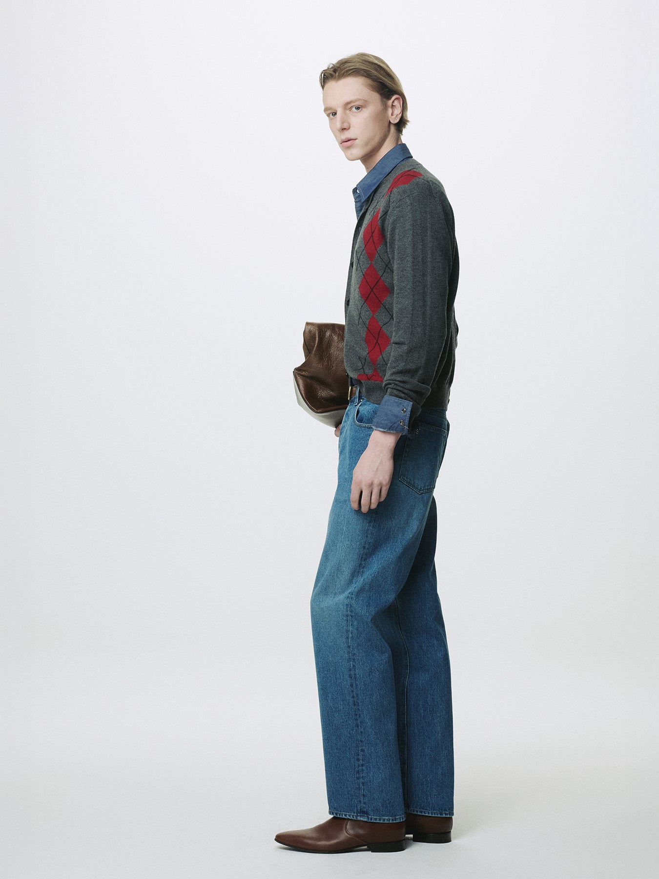 MERINO WOOL ARGYLE CARDIGAN_ GREY/RED