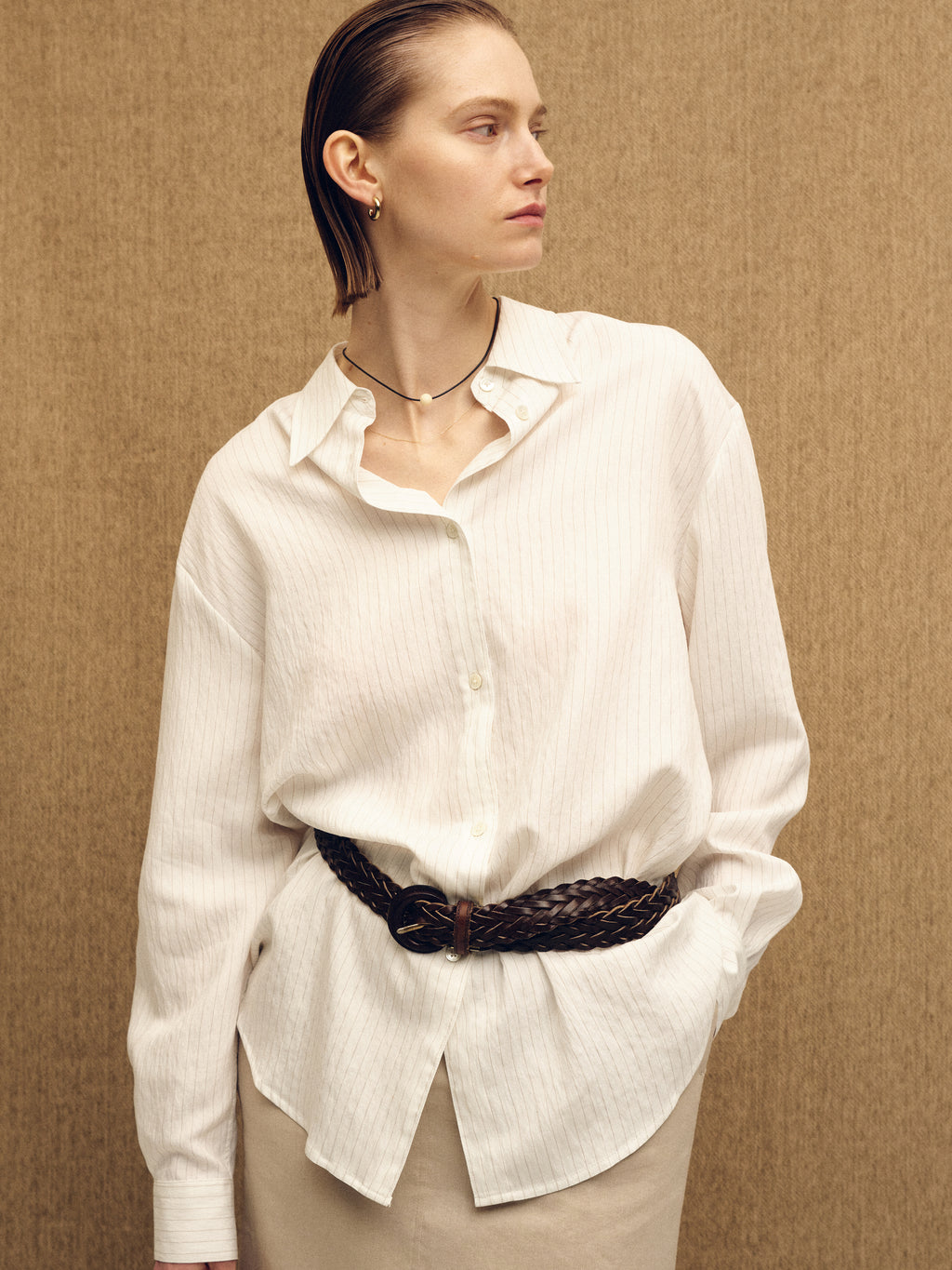 (W) AIRY STRIPED OVER SHIRT_ IVORY
