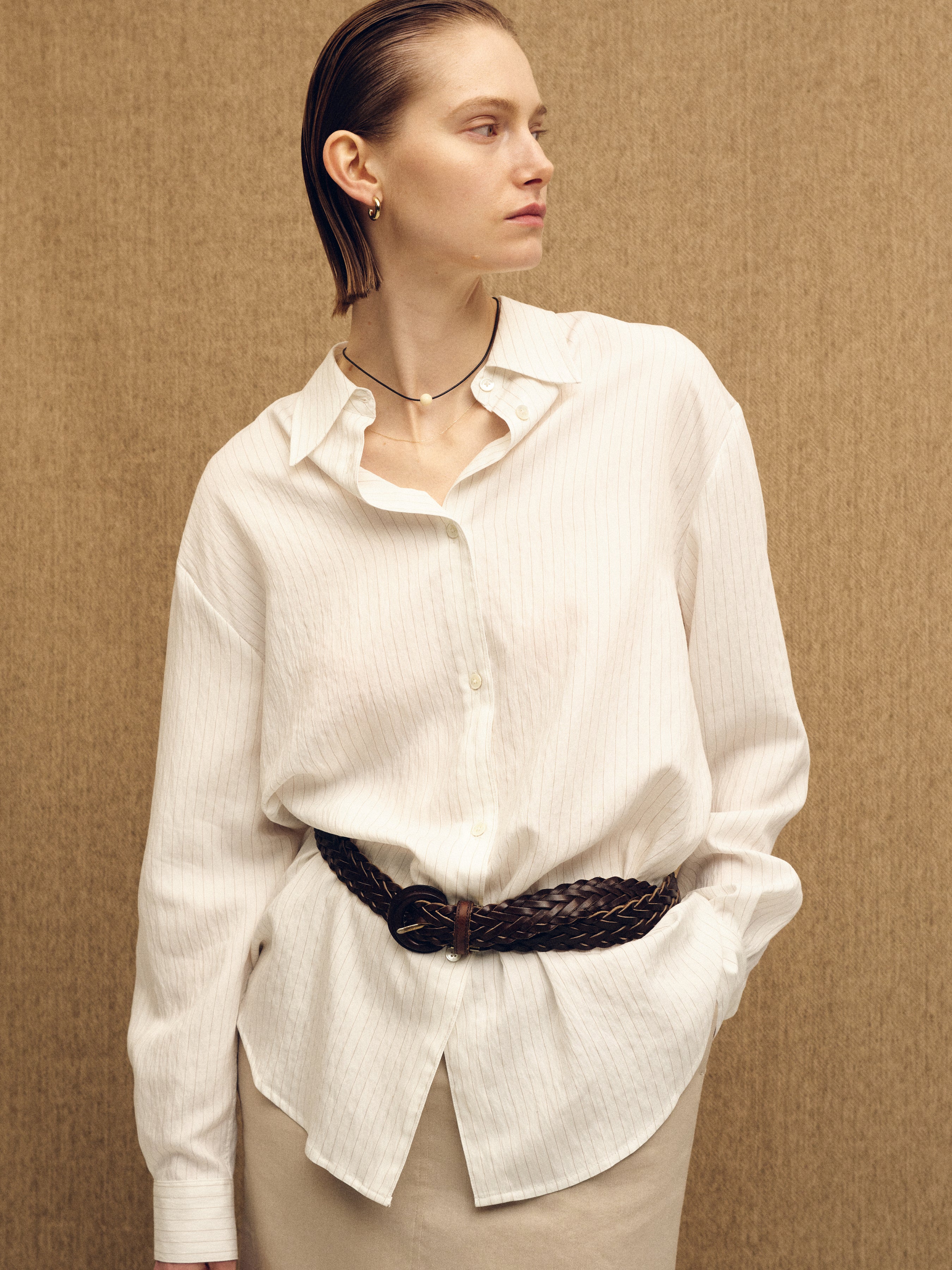 (W) AIRY STRIPED OVER SHIRT_ IVORY