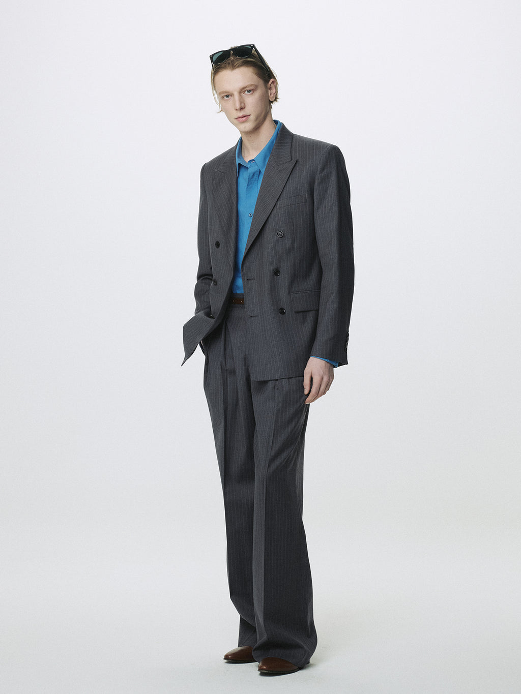 STRIPED WOOL DOUBLE-PLEATED WIDE TROUSERS_ GREY STRIPE