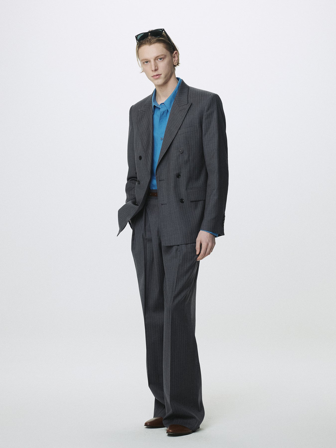 STRIPED WOOL DOUBLE-PLEATED WIDE TROUSERS_ GREY STRIPE