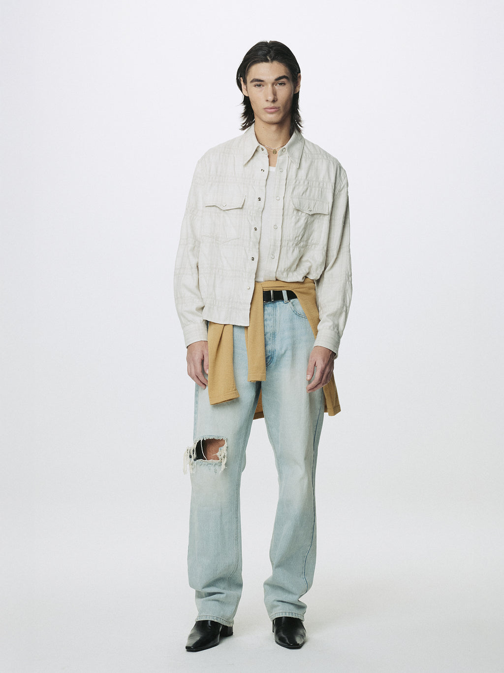 DISTRESSED LOOSE STRAIGHT DENIM JEANS_ LIGHT BLUE