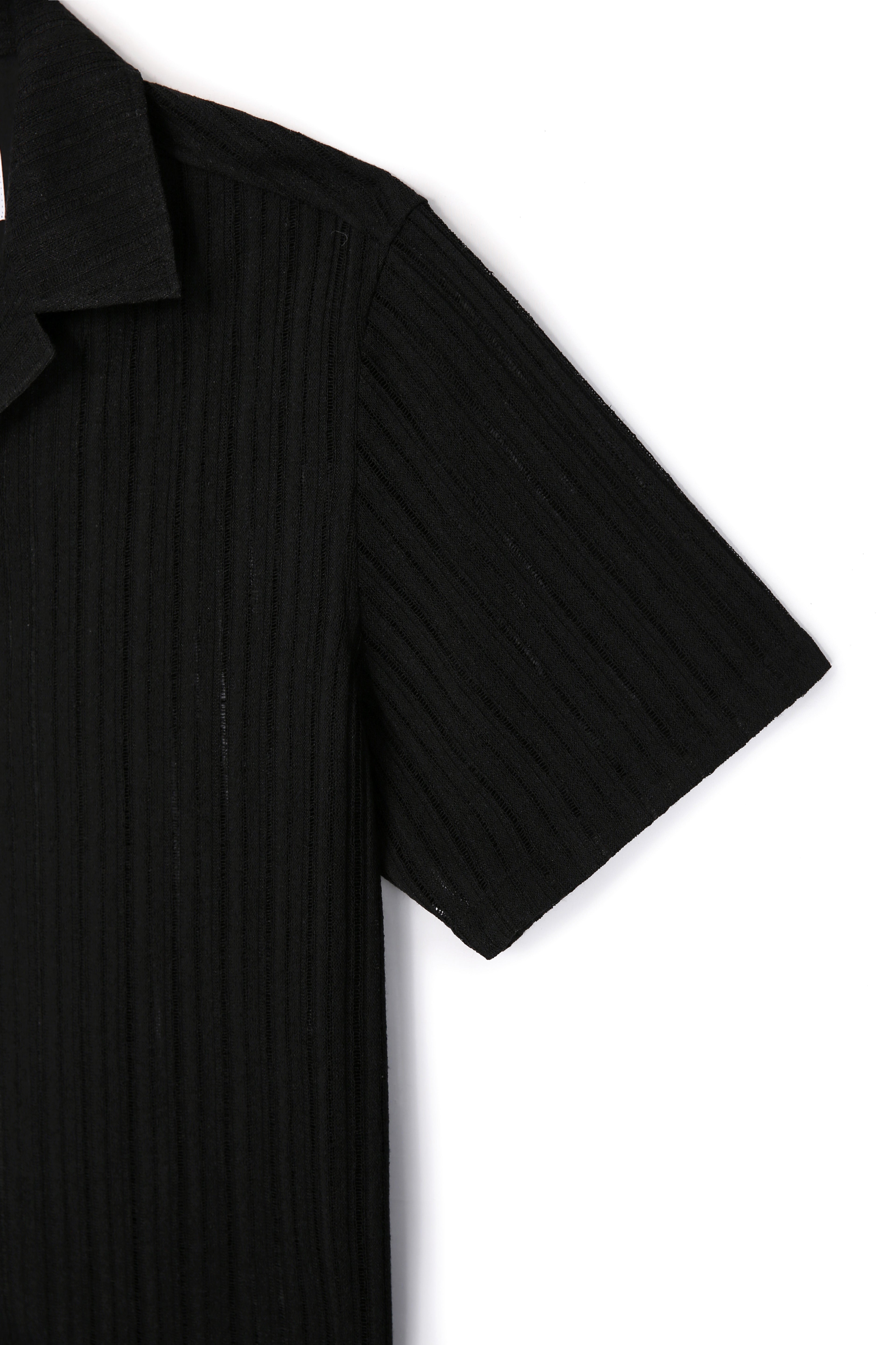 Crochet Camp Collar Half Sleeve Shirt_ Black