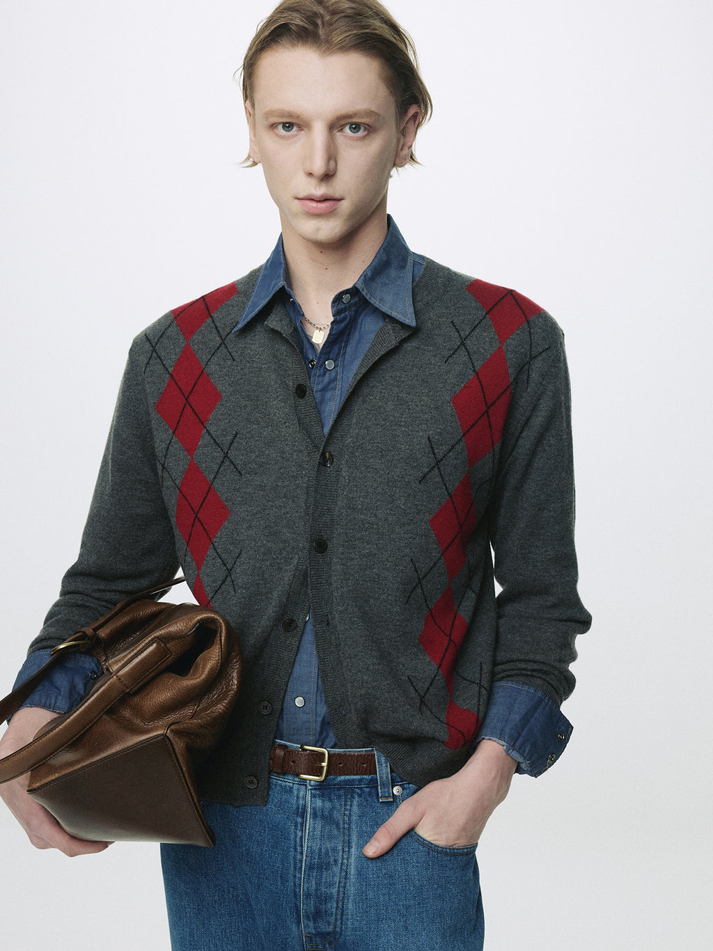 MERINO WOOL ARGYLE CARDIGAN_ GREY/RED