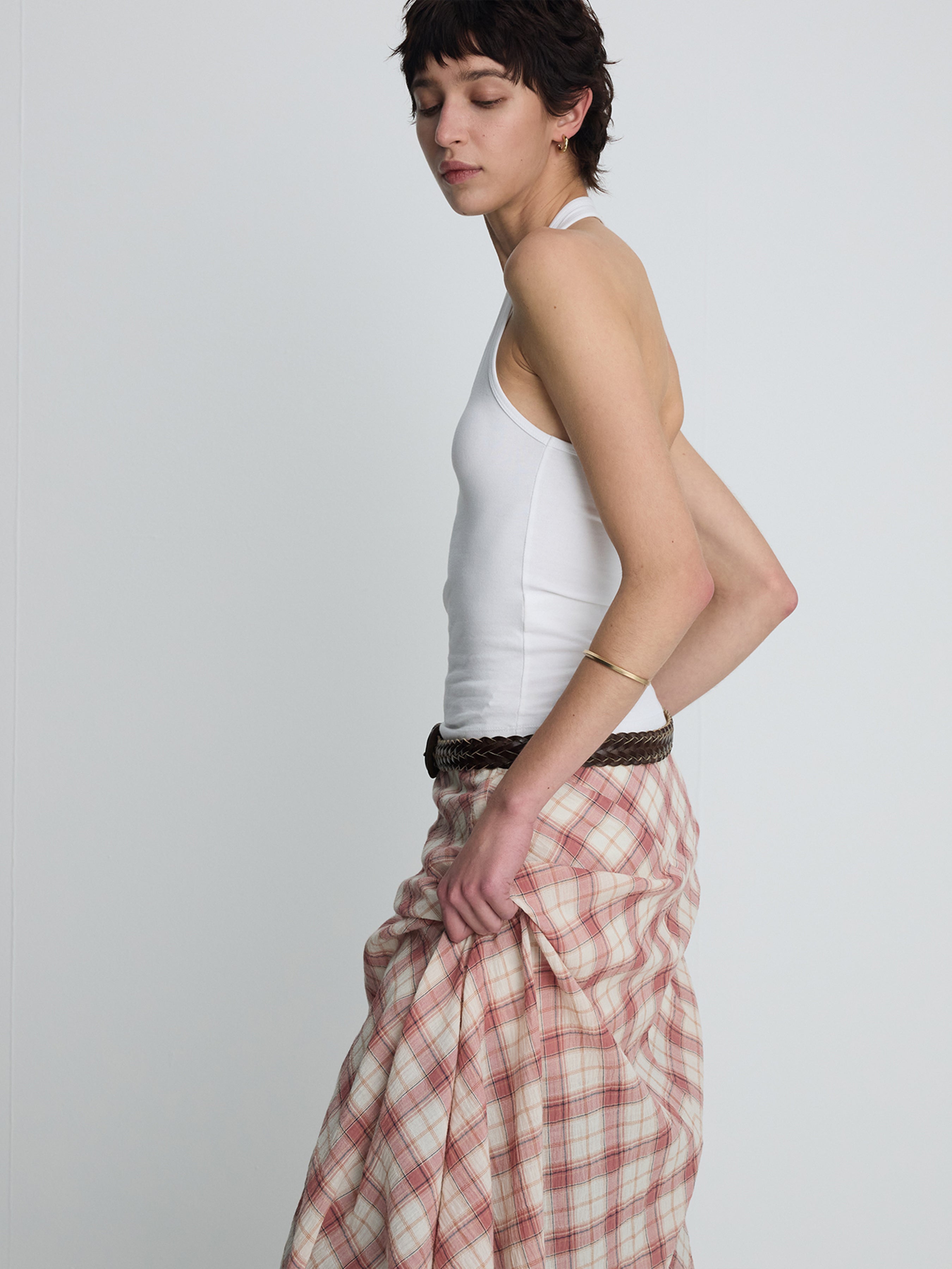 (W) COTTON CHECK PATCHWORK SKIRT_ PINK CHECK