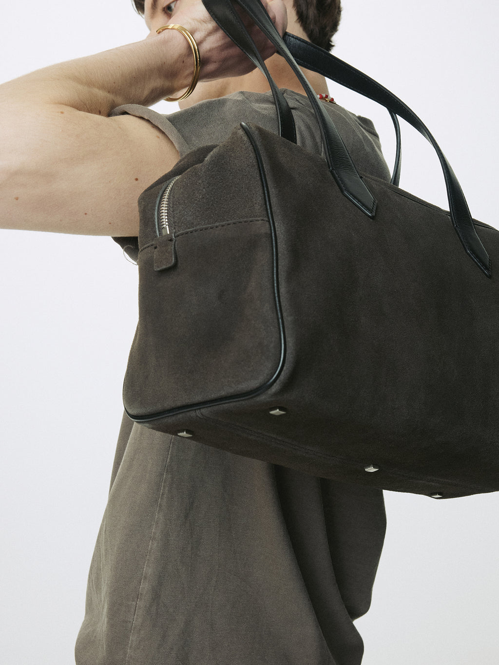 LEATHER TRIM SUEDE SQUARE VALISE BAG_ DARK PECAN