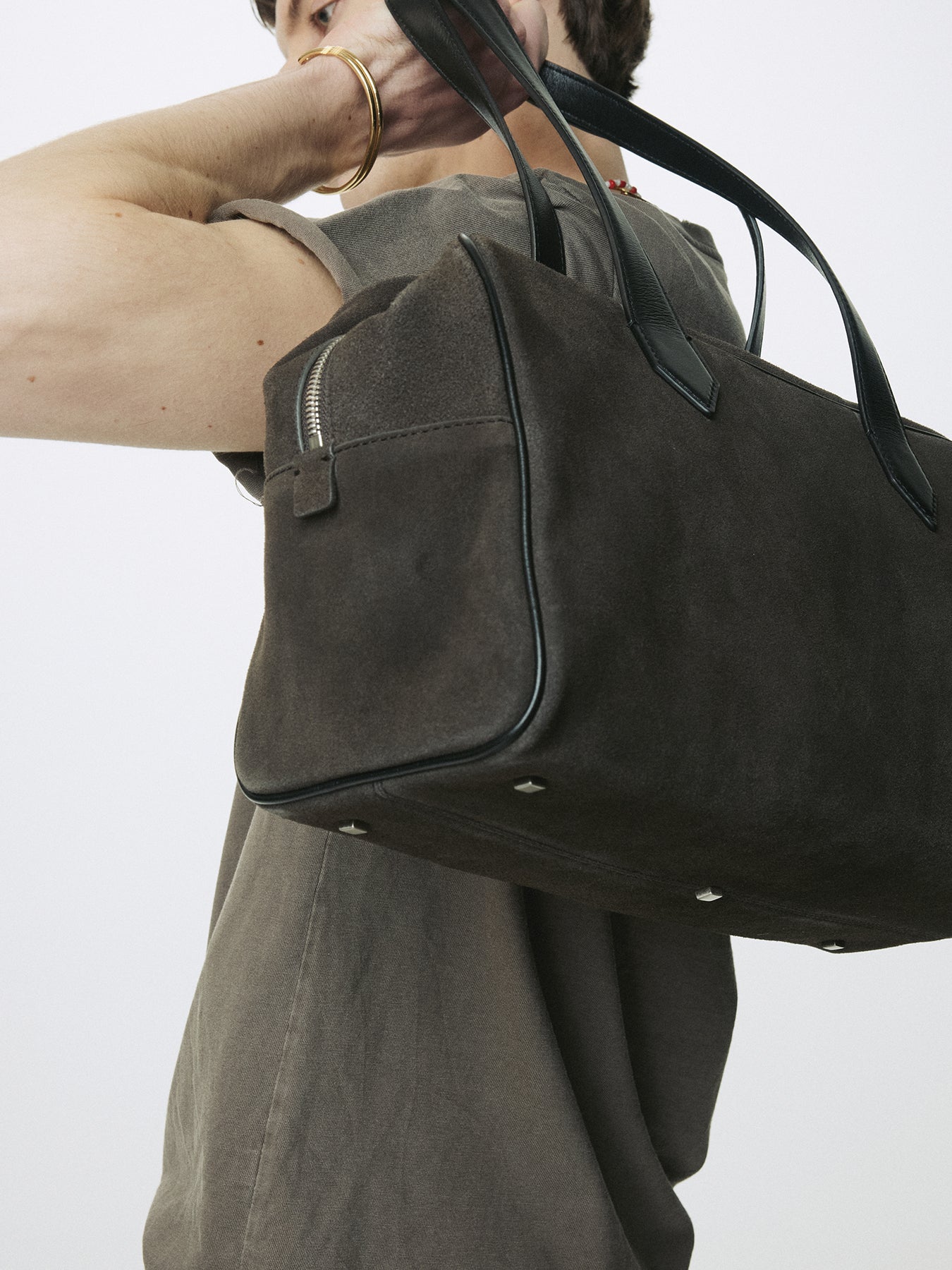 LEATHER TRIM SUEDE SQUARE VALISE BAG_ DARK PECAN