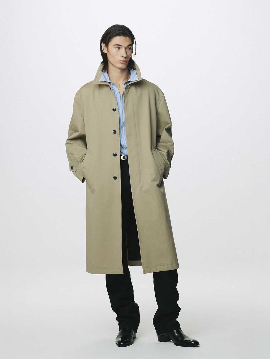 COTTON DRILL SINGLE-BREASTED OVERCOAT_ BEIGE