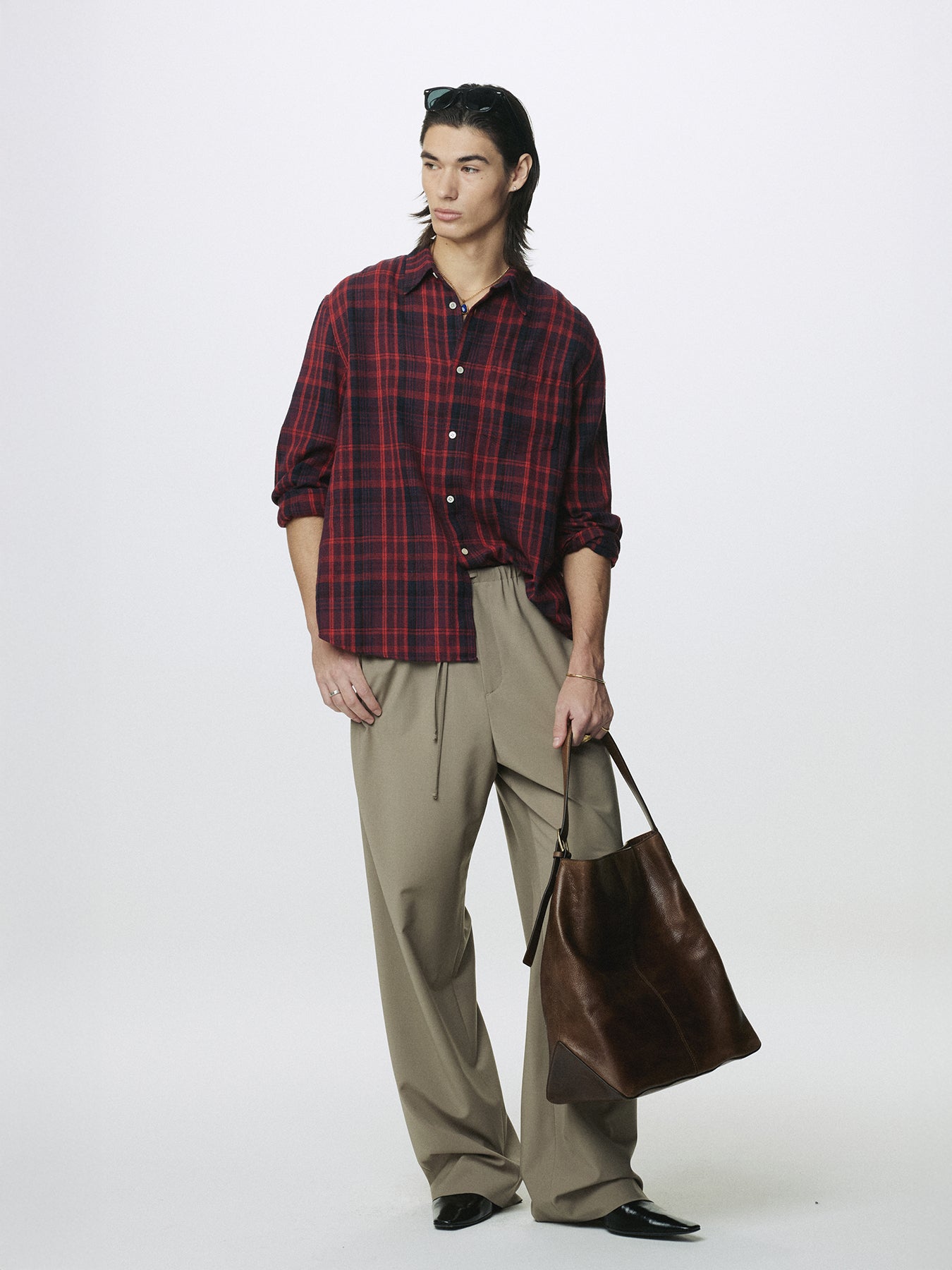 WASHED COTTON BLEND CHECK SHIRT_ RED/BLUE