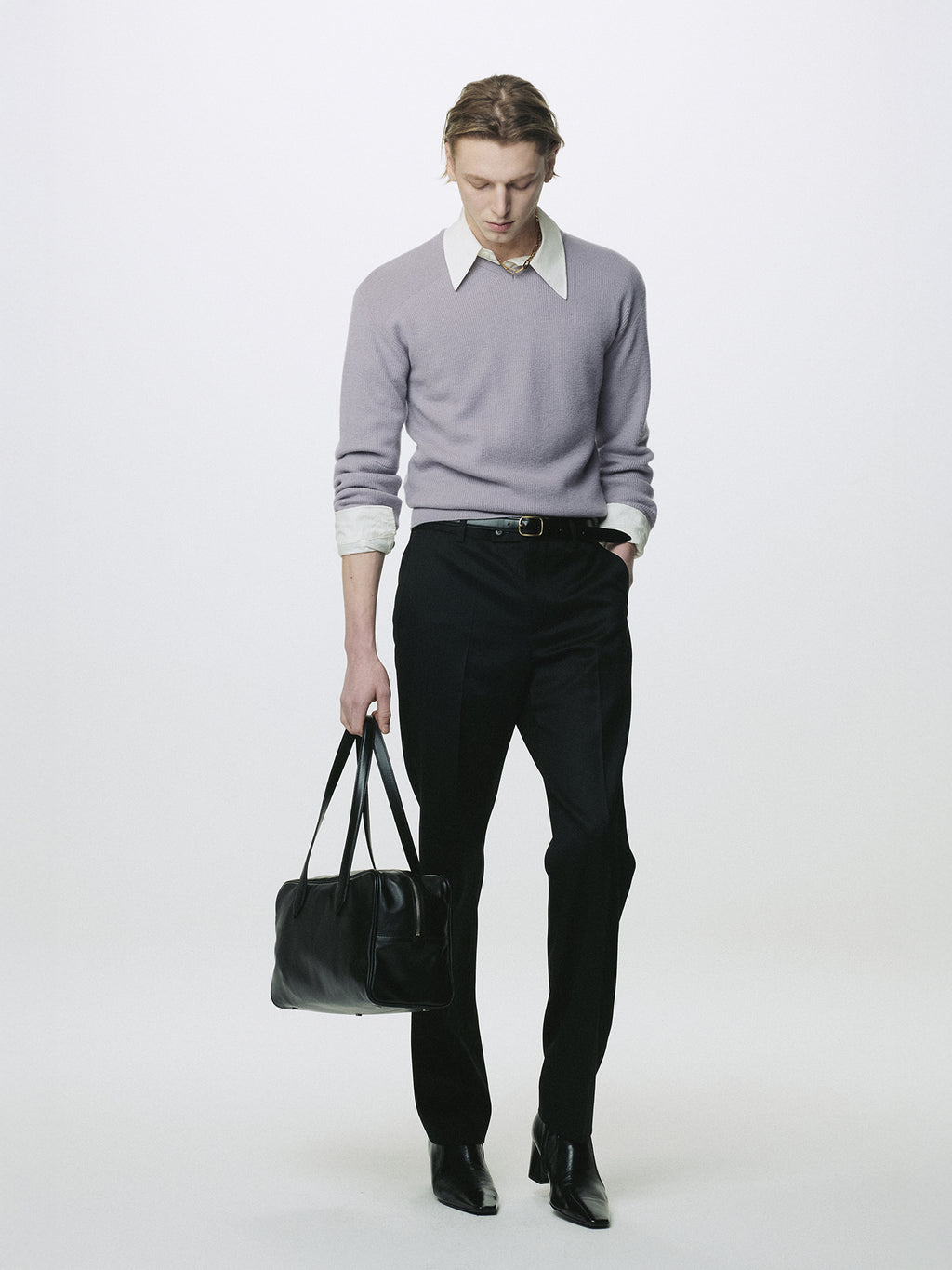 SUPER FINE WOOL COMMANDO V-NECK KNIT_ SLATE GREY