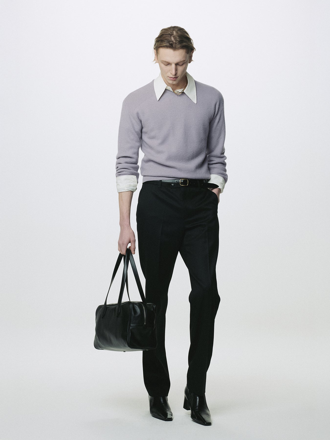 SUPER FINE WOOL COMMANDO V-NECK KNIT_ SLATE GREY