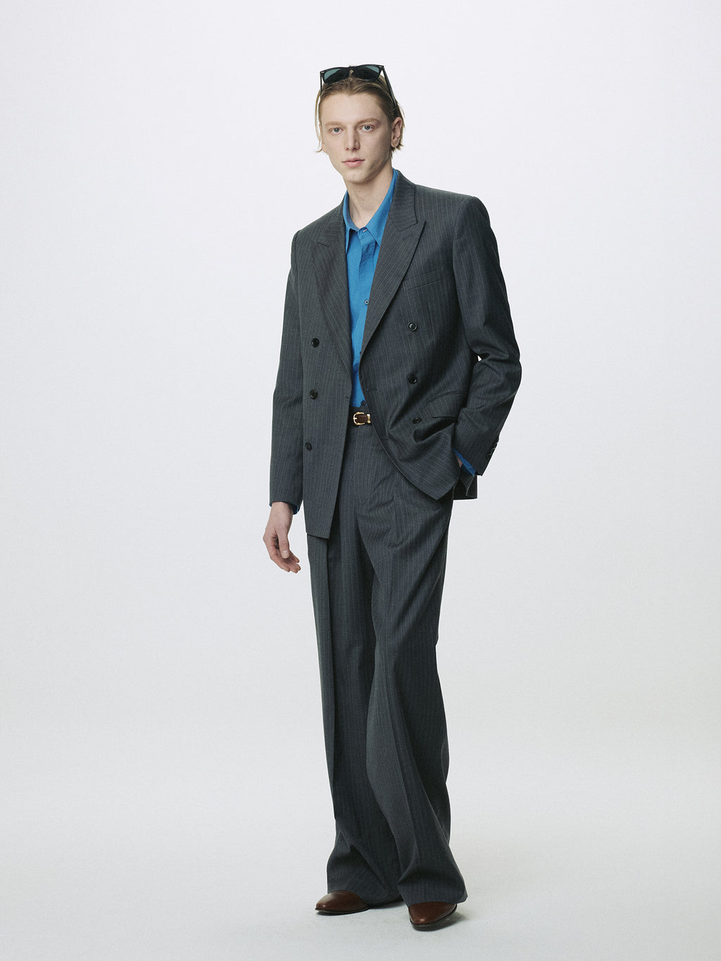STRIPED WOOL DOUBLE-BREASTED TAILORED JACKET_ GREY STRIPE