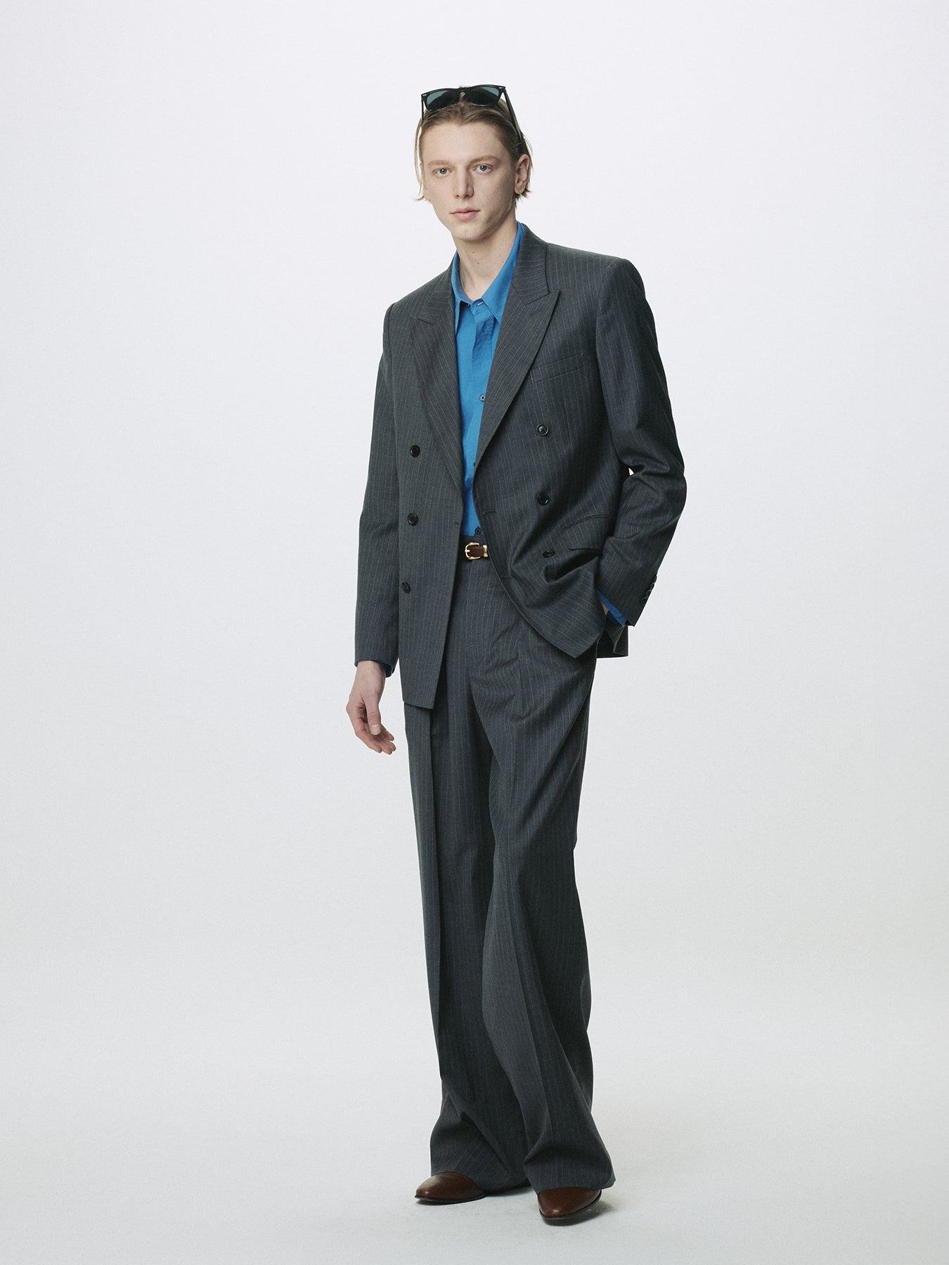 STRIPED WOOL DOUBLE-BREASTED TAILORED JACKET_ GREY STRIPE